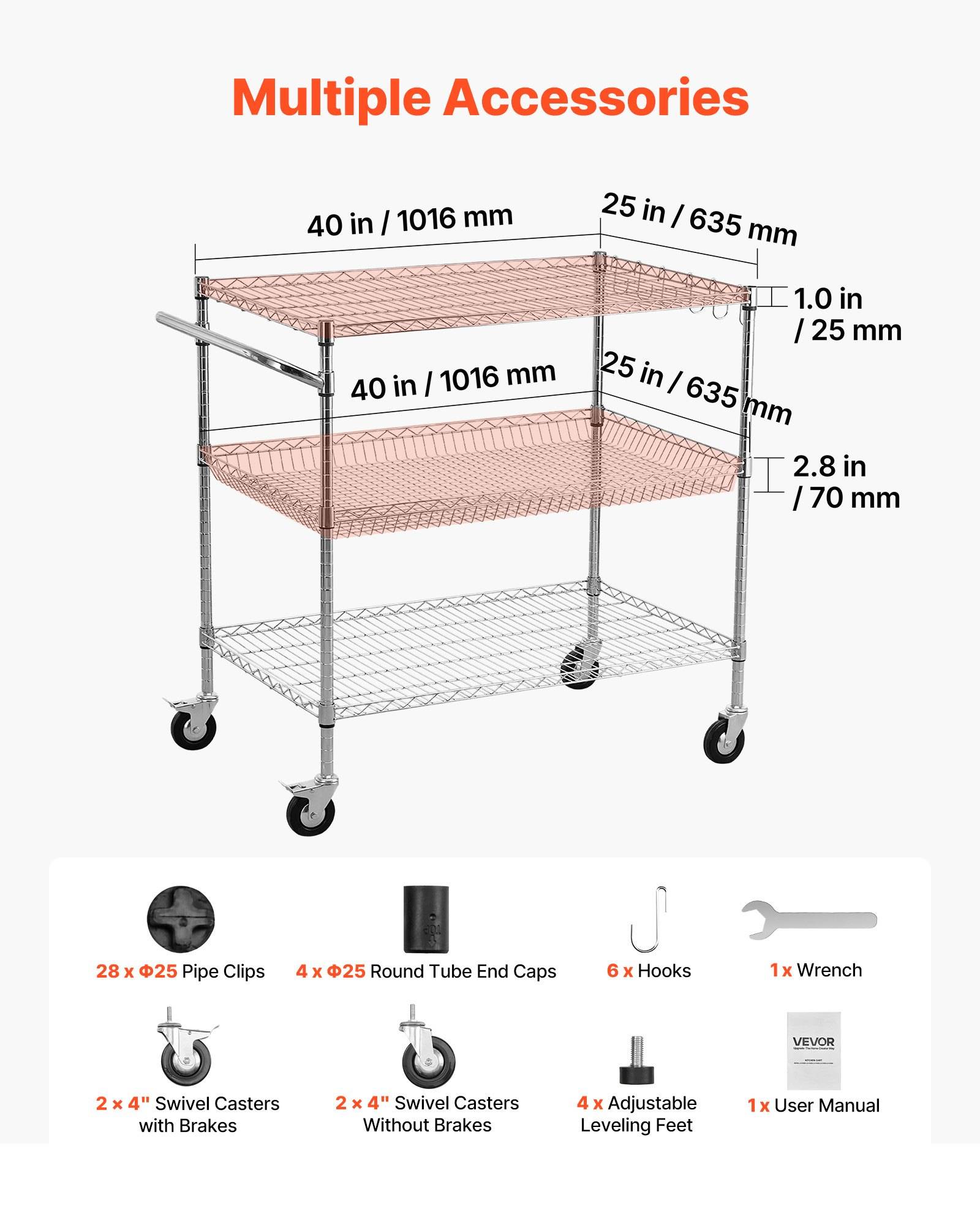 Dreigliedriger fahrbarer Draht-Lagerwagen mit der Bezeichnung „Mehrere Zubehörteile" mit den Abmessungen 40 x 25 x 40 Zoll, plus unten abgebildete enthaltene Teile und Werkzeuge.