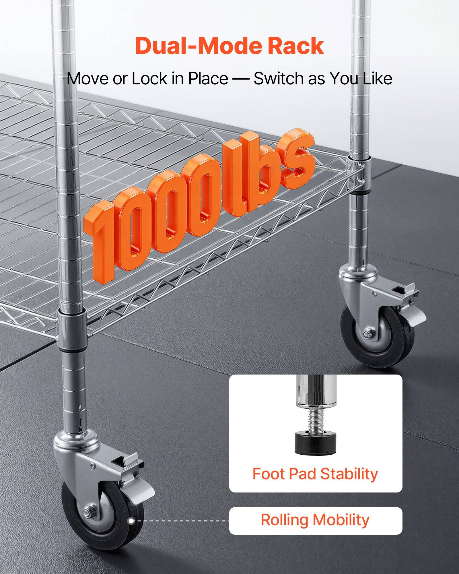 Werbebild eines fahrbaren Metalllagersteckers mit der Bezeichnung „Dual-Mode Rack" und „1000 lbs"", das die Vielseitigkeit des Verschiebens oder Verriegelns an Ort und Stelle sowie die Stabilität der Fußpolster hervorhebt.