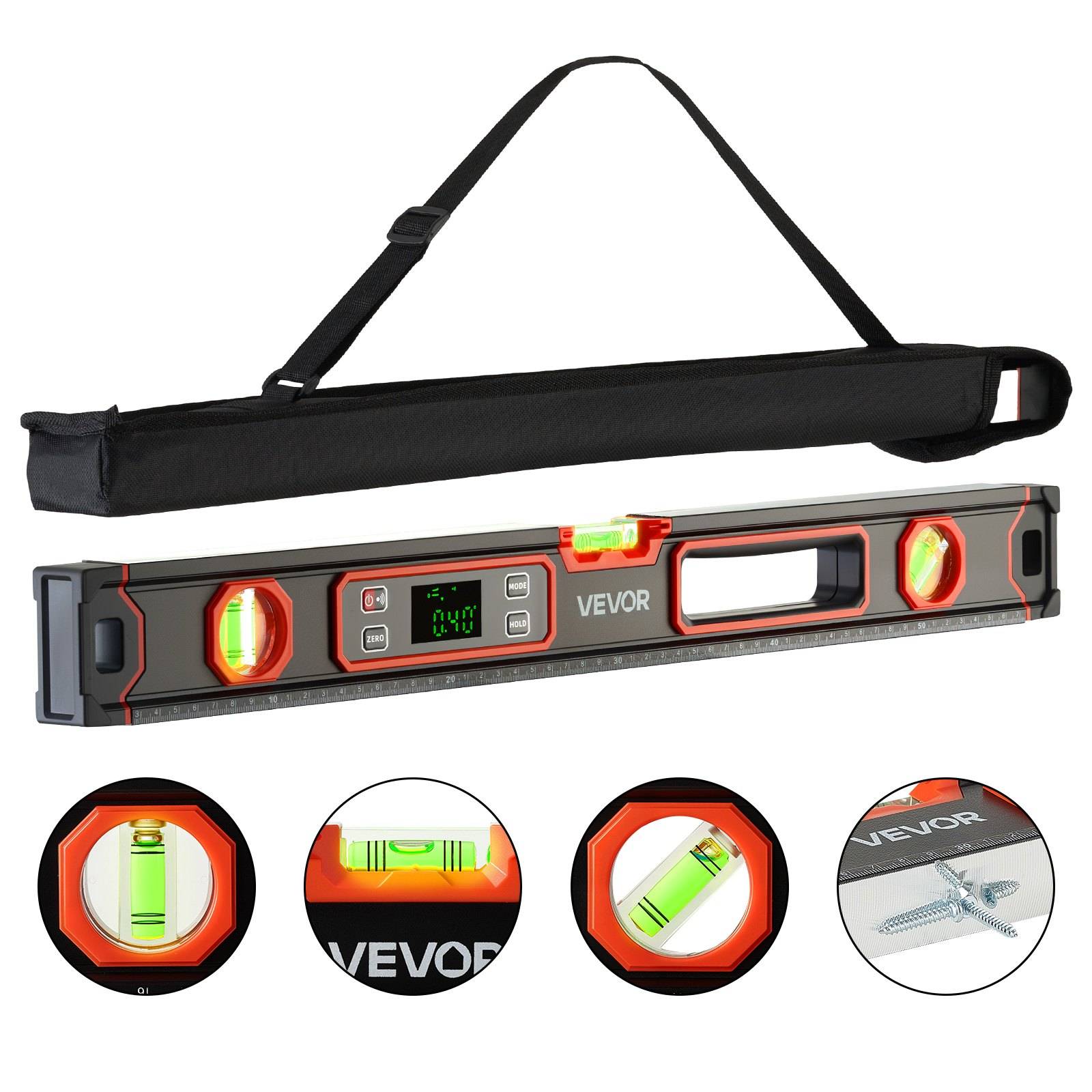 VEVOR digitale Wasserwaage mit Etui, zeigt beleuchtete Libellen, LCD-Display und Messskala mit Zubehörtasche.
