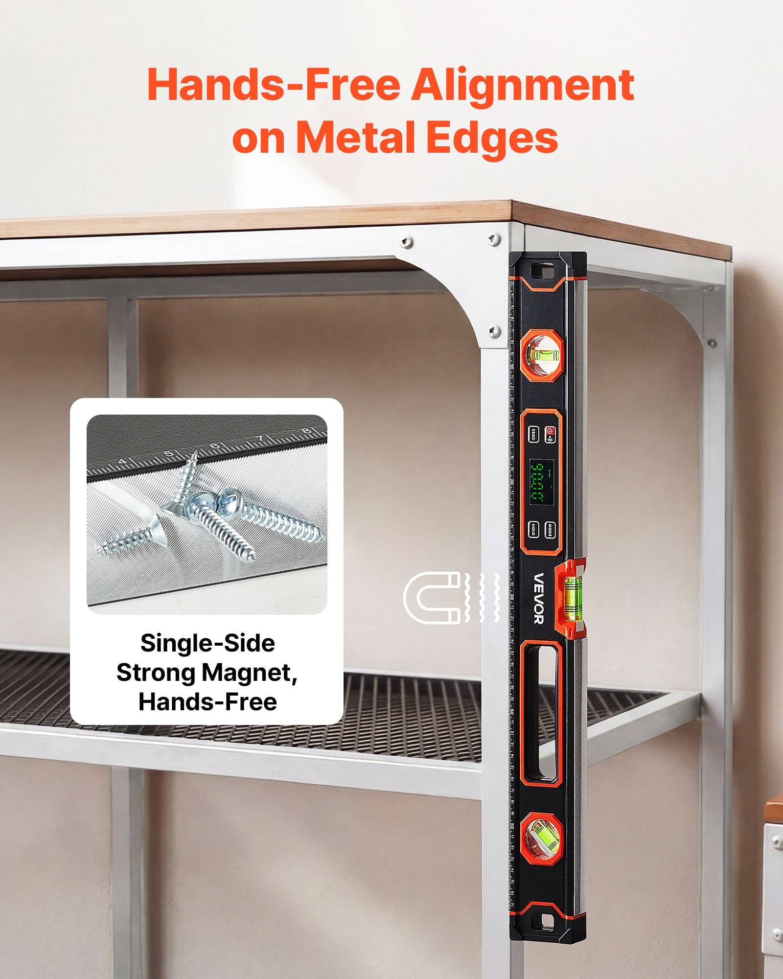 Promotionsbild zeigt eine Magnetwasserwaage auf einer Metallkante eines Tisches, mit dem Text „Freihändige Ausrichtung auf Metallkanten" und eine Detailansicht eines starken Magneten für freihändige Verwendung.