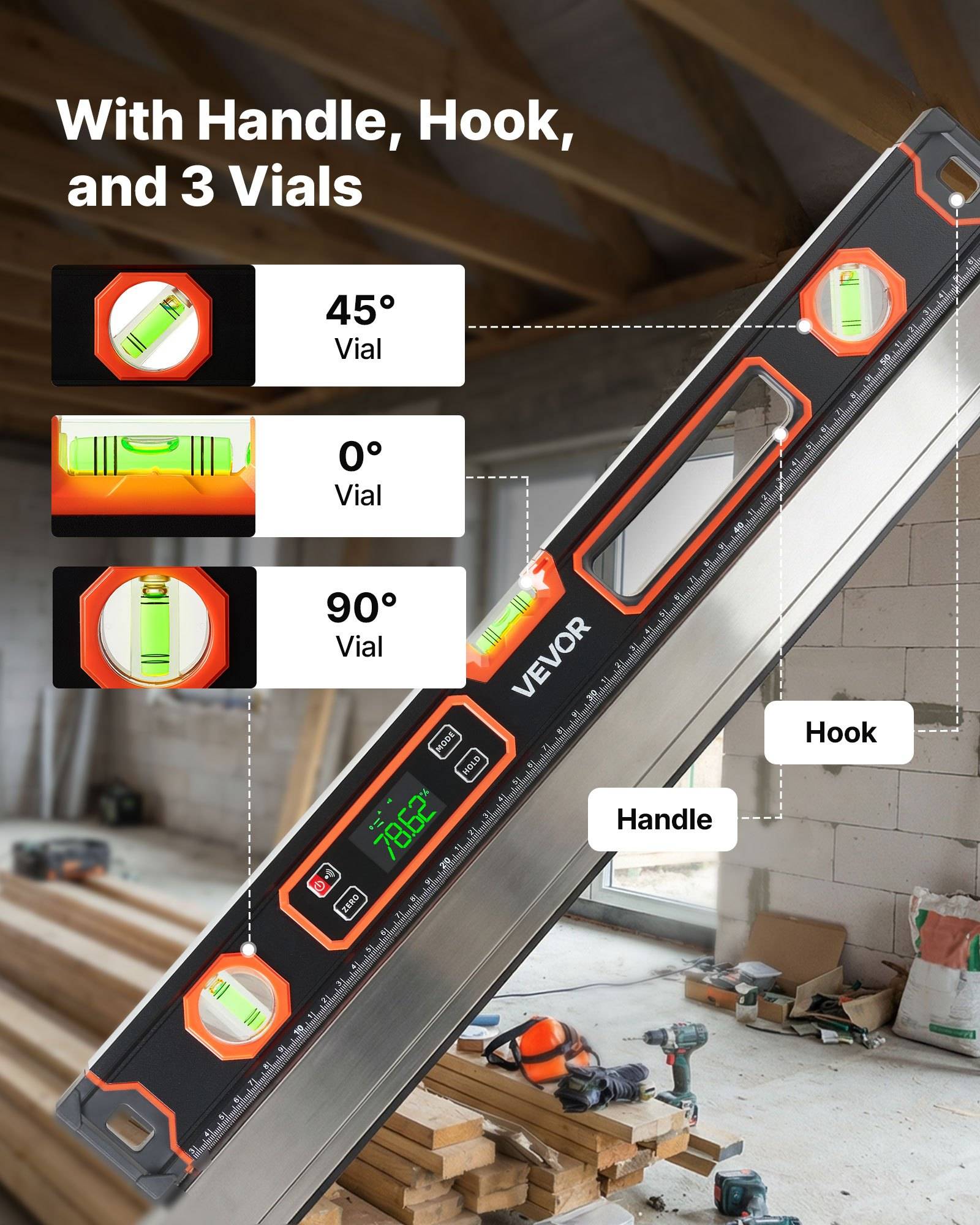 Digitales Winkelmessgerät mit Griff, Haken und 3 Libellen, angezeigt bei 45°, 0° und 90° auf einem Arbeitsplatz-Hintergrund.