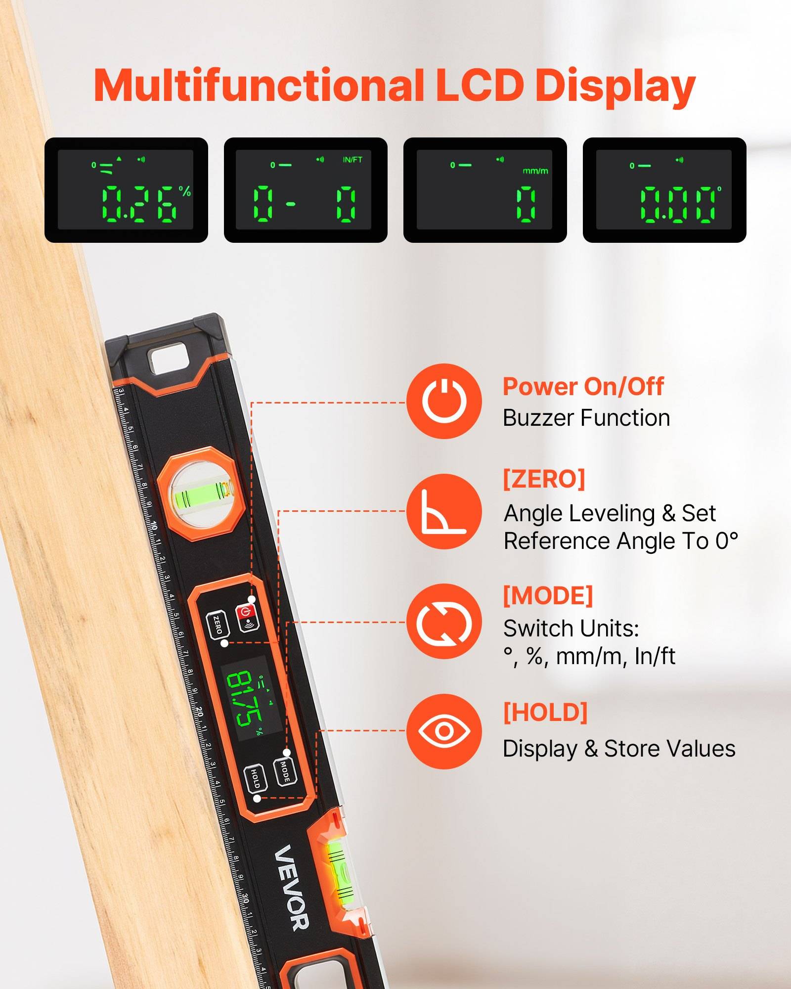 Werbebild einer digitalen Winkelmesser/Wasserwaage mit multifunktionalem LCD-Display, das numerische Messwerte und gekennzeichnete Funktionen anzeigt: Ein/Aus, Nullpunkt, Modus und Halten.