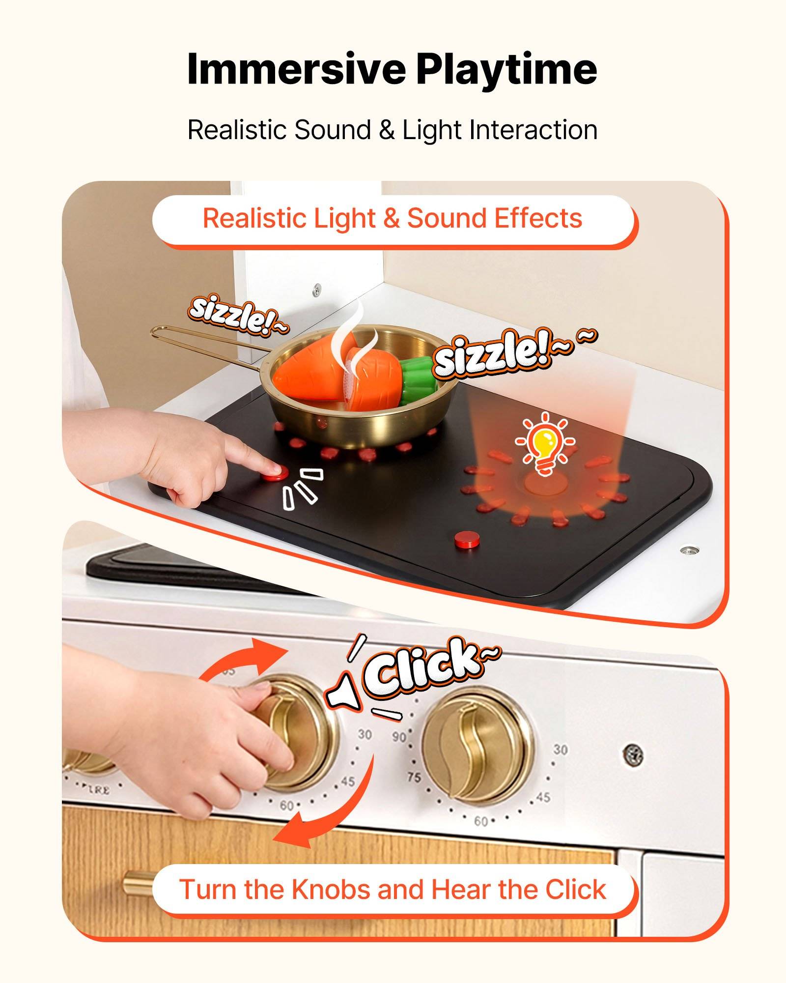 Spielzeugherd-Set mit "immersivem Spielerlebnis"" und ""realistischer Sound- und Licht-Interaktion"", das Rollenspiel-Kochen, leuchtende Kochplatte, Zischgeräusche und klickbare Knöpfe zeigt.