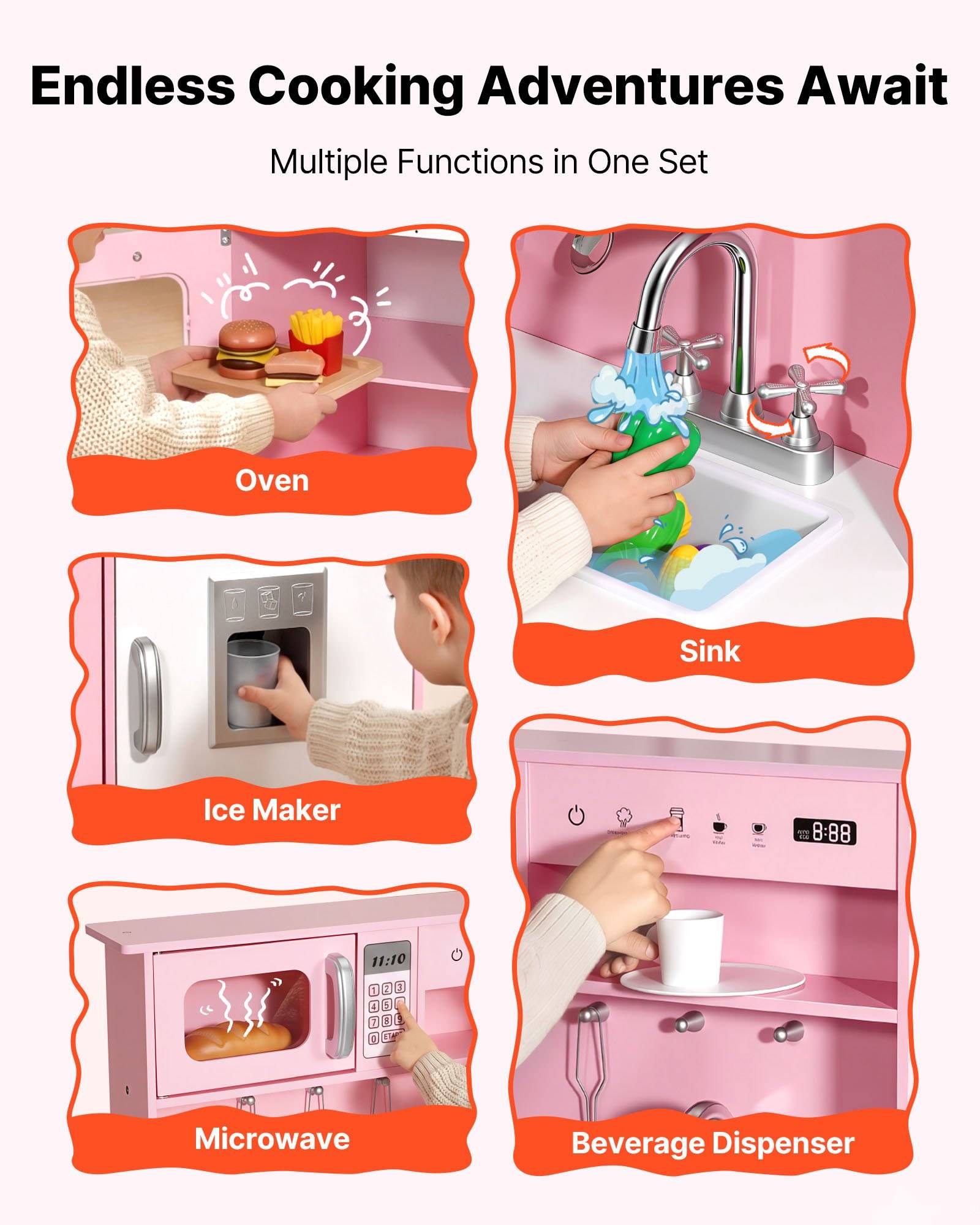 VEVOR Spielküche für Kinder, Kinderküche aus Holz mit Licht &amp; Sound, Holzküche mit Herd Backofen Spüle Mikrowelle Eisspender &amp; Getränkespender,