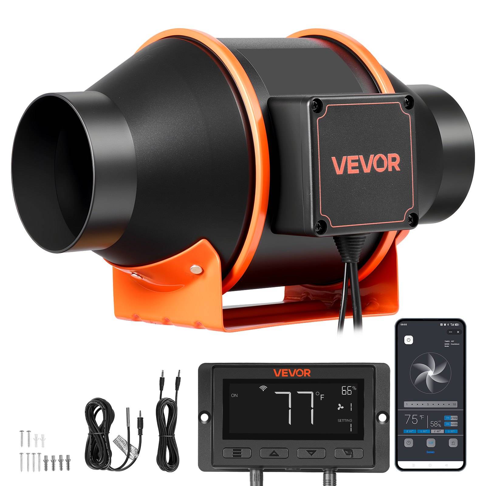 VEVOR Inline-Kanalventilator mit Temperaturregler, Stromkabeln, Befestigungsschrauben und Smartphone-App-Anzeige zur Lüftungskontrolle.