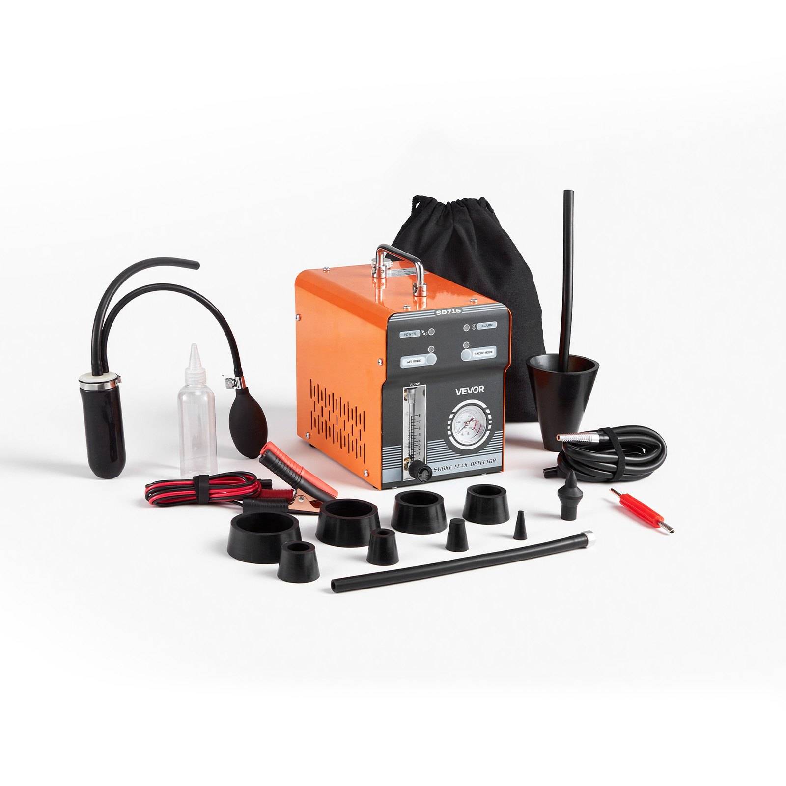 Orange-Vakuumpumpen-Set mit Schläuchen, Verschraubungen, Trichter, Stromkabel und Zubehör auf weißem Hintergrund angeordnet.