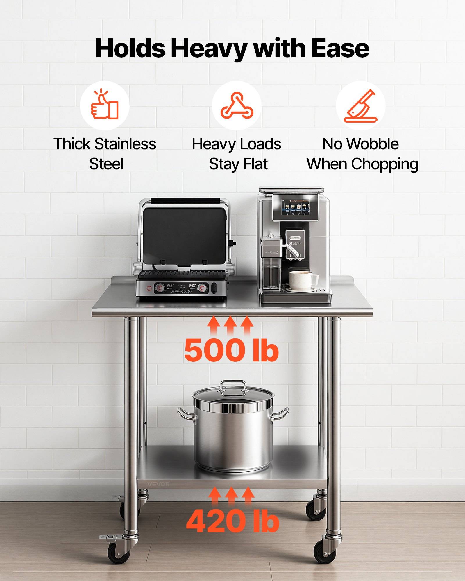 Edelstahl-Arbeitstisch mit Grill, Kaffeemaschine und Topf, gekennzeichnet mit „Trägt mühelos schwere Lasten