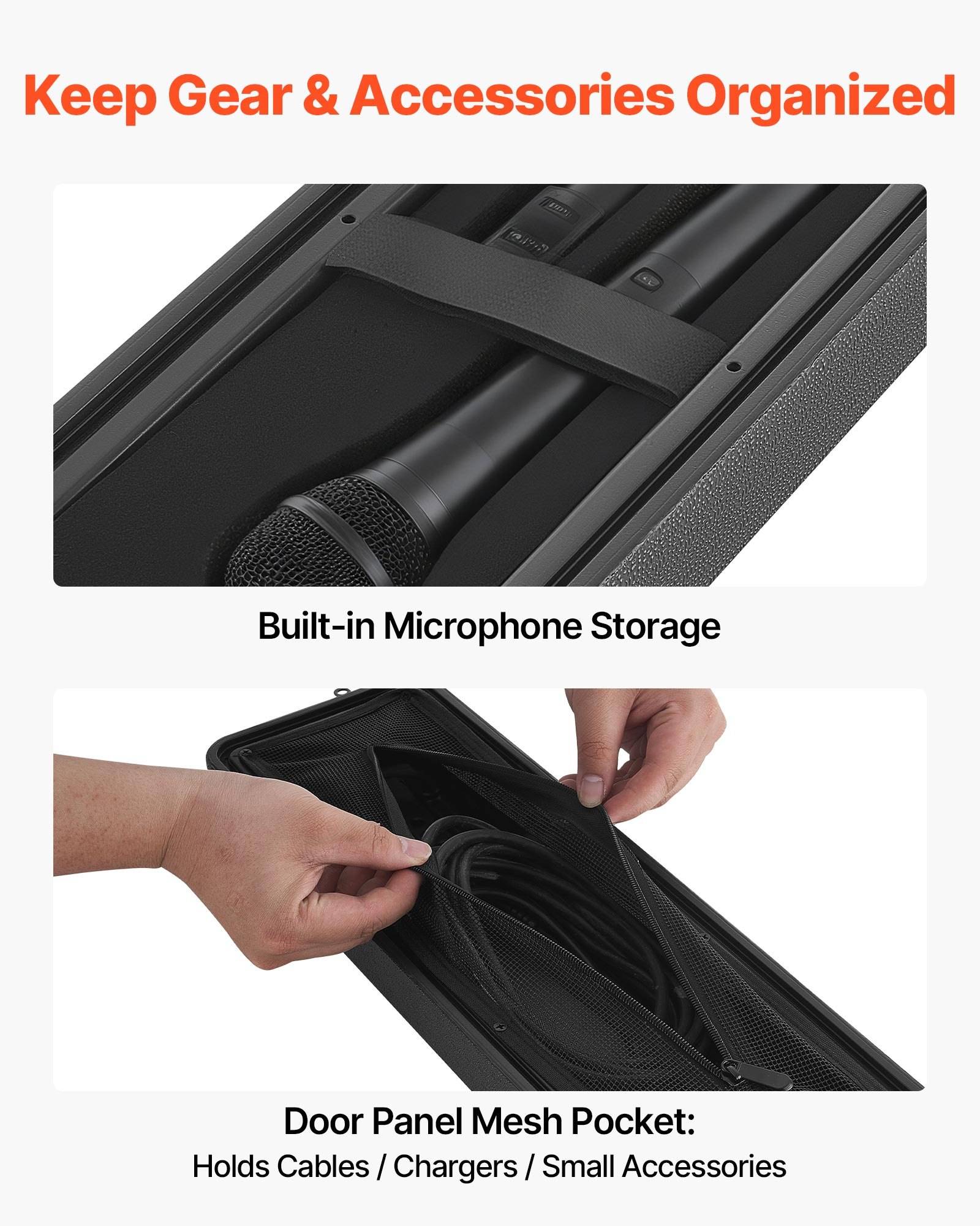 Aufbewahrungskoffer mit integriertem Mikrofonfach und Türpaneel-Netztasche für Kabel, Ladegeräte und kleine Zubehörteile.