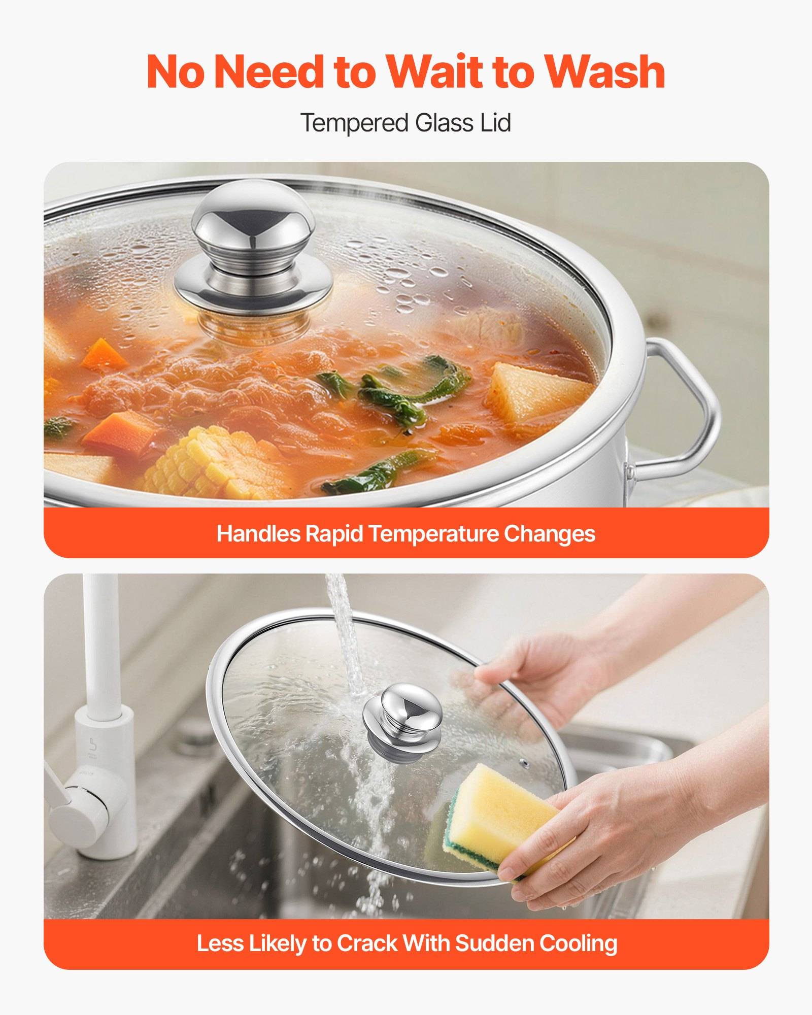 Werbebild eines gehärteten Glastopfdeckels über einer köchelnden Suppe und dem Waschen in einem Spülbecken, wobei schnelle Temperaturwechsel und Rissbeständigkeit hervorgehoben werden.