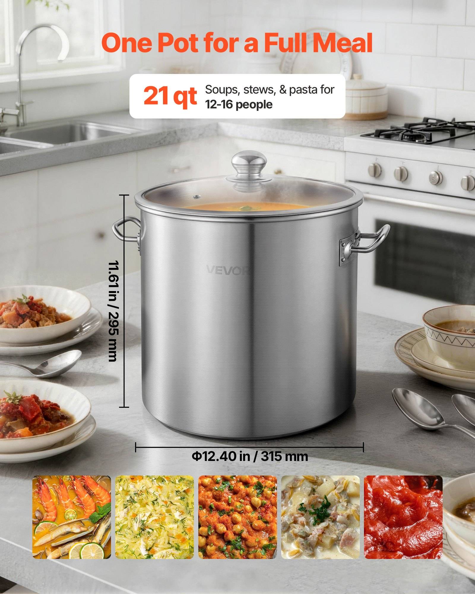 Werbebild eines Edelstahl-Suppentopfs mit 21 Litern Fassungsvermögen in einer Küche, mit der Aufschrift "Ein Topf für eine vollständige Mahlzeit"" und ""Suppen, Eintöpfe und Pasta für 12-16 Personen"", mit den Abmessungen 11,6 Zoll x 12,4 Zoll.