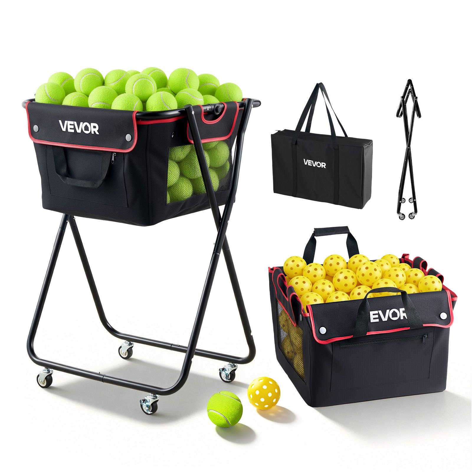 VEVOR zusammenklappbarer Ballwagen mit fahrbarem Ständer, Netz-Aufbewahrungstasche, Tragetasche und zusammengeklapptem Rahmen; dargestellt gefüllt mit Tennis- und Pickleballs.