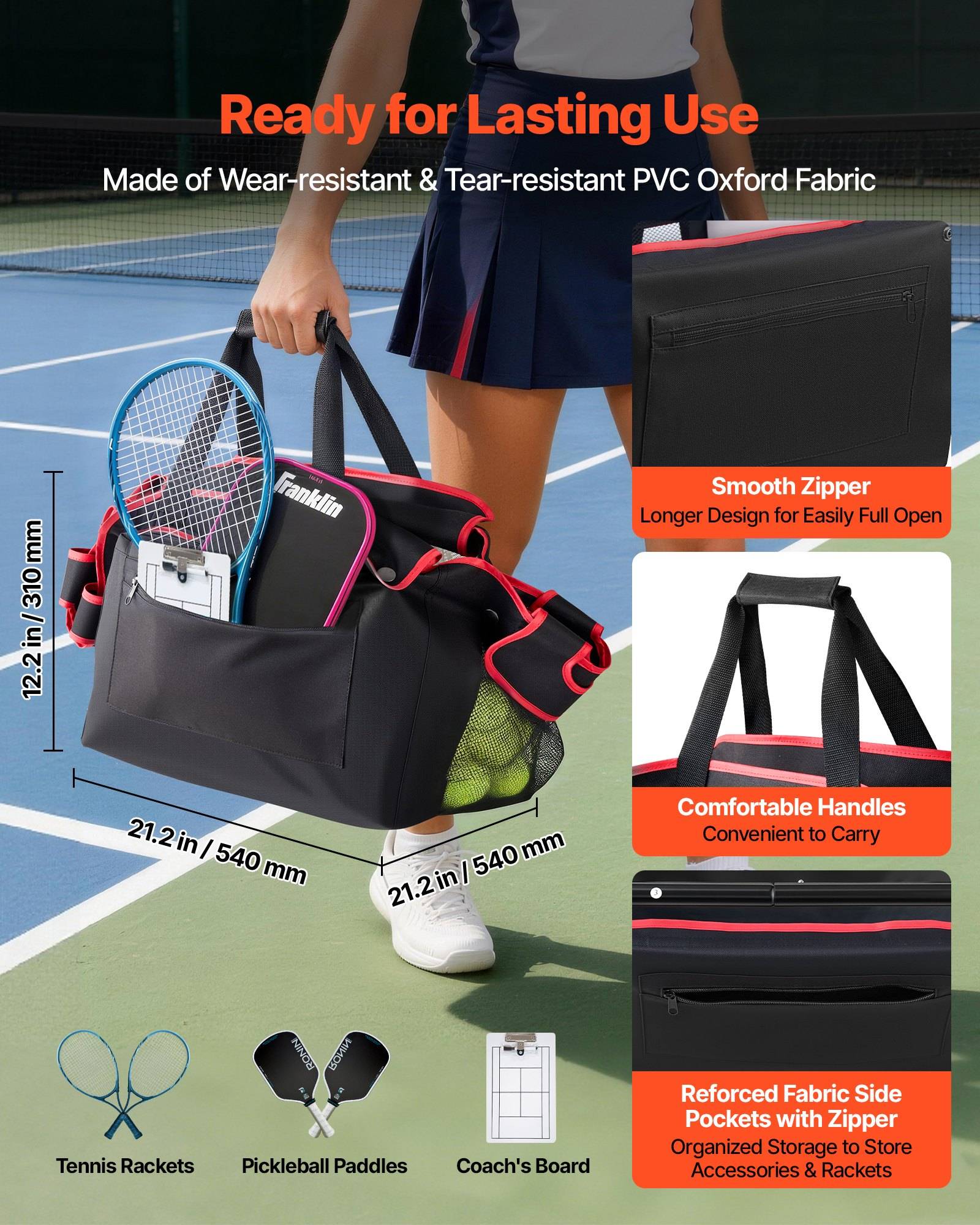 Produktanzeige für eine Tennis-/Pickleball-Tasche mit dem Text „Bereit für langfristige Nutzung", mit verschleißfestem PVC-Oxford-Stoff, glattem Reißverschluss, komfortablen Griffen, verstärkten Taschen und Größe 22,1 x 12,2 x 12,2 Zoll.