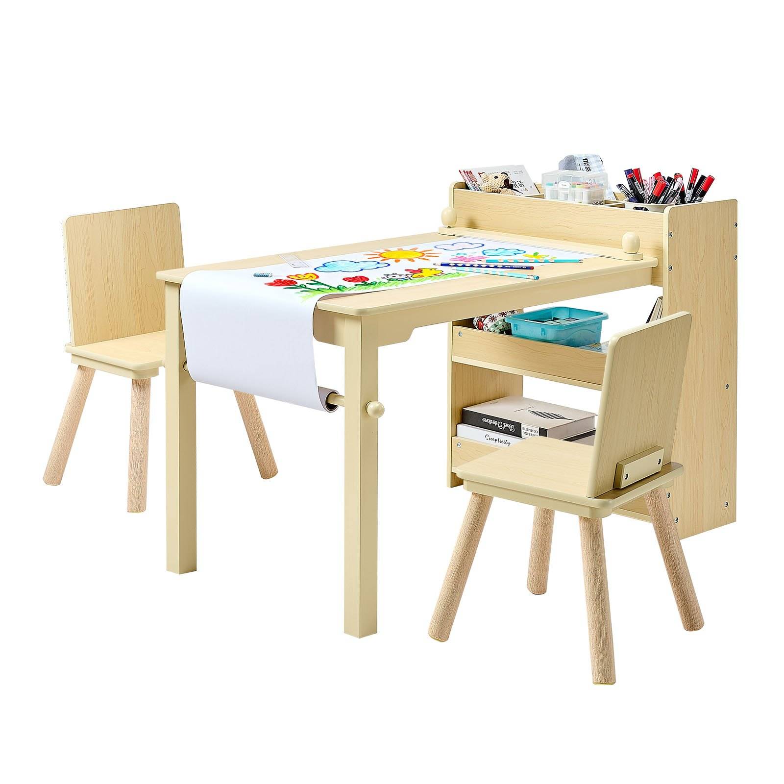 Kinder-Kunsttisch mit zwei Holzstühlen, integriertem Stauraum und Papierrolle zum Zeichnen und Basteln.