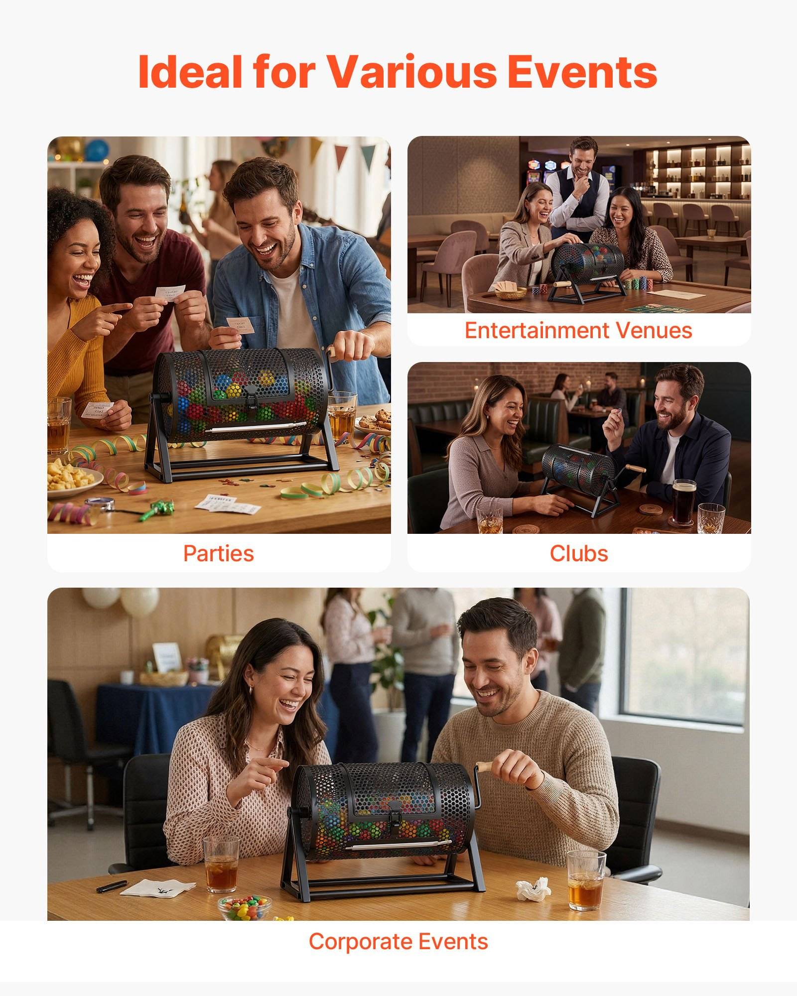 Collage von Menschen, die ein farbenfrohes Tischspiel auf Partys, Unterhaltungsstätten, Clubs und Firmenveranstaltungen spielen, mit dem Titel „Ideal für verschiedene Veranstaltungen".