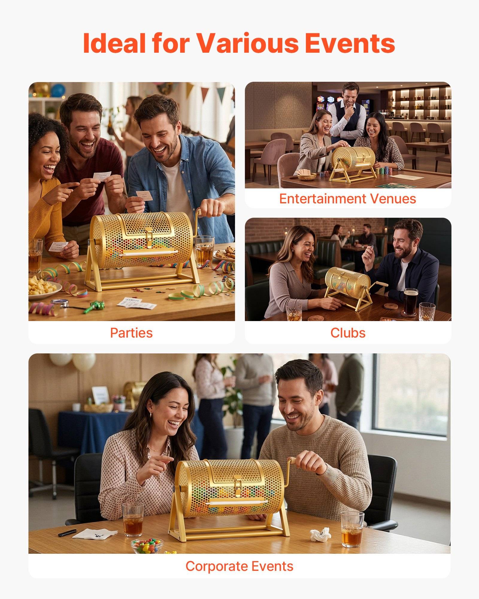 Collage mit dem Titel „Ideal für verschiedene Veranstaltungen" zeigt Menschen, die eine goldene Preistrommel auf Partys, in Unterhaltungsstätten, Clubs und bei Firmenevents nutzen.