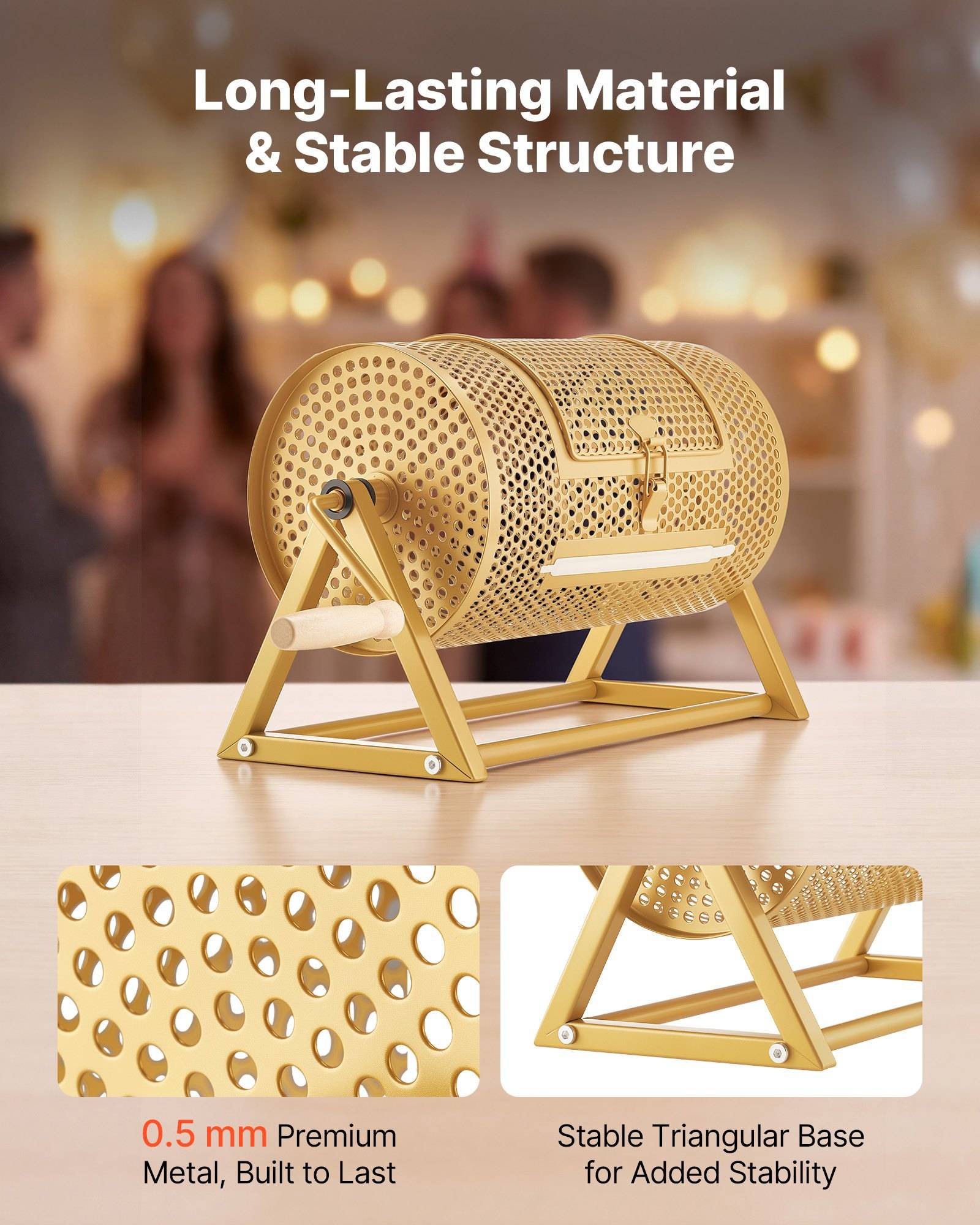 Goldener perforierter zylindrischer Tischbecher mit dreiecksförmigem Ständer; der Text hebt hervor „Langlebiges Material & stabile Struktur", „0,5 mm Premium-Metall, langlebig konstruiert"" und „Stabiler dreieckiger Sockel für zusätzliche Stabilität"".