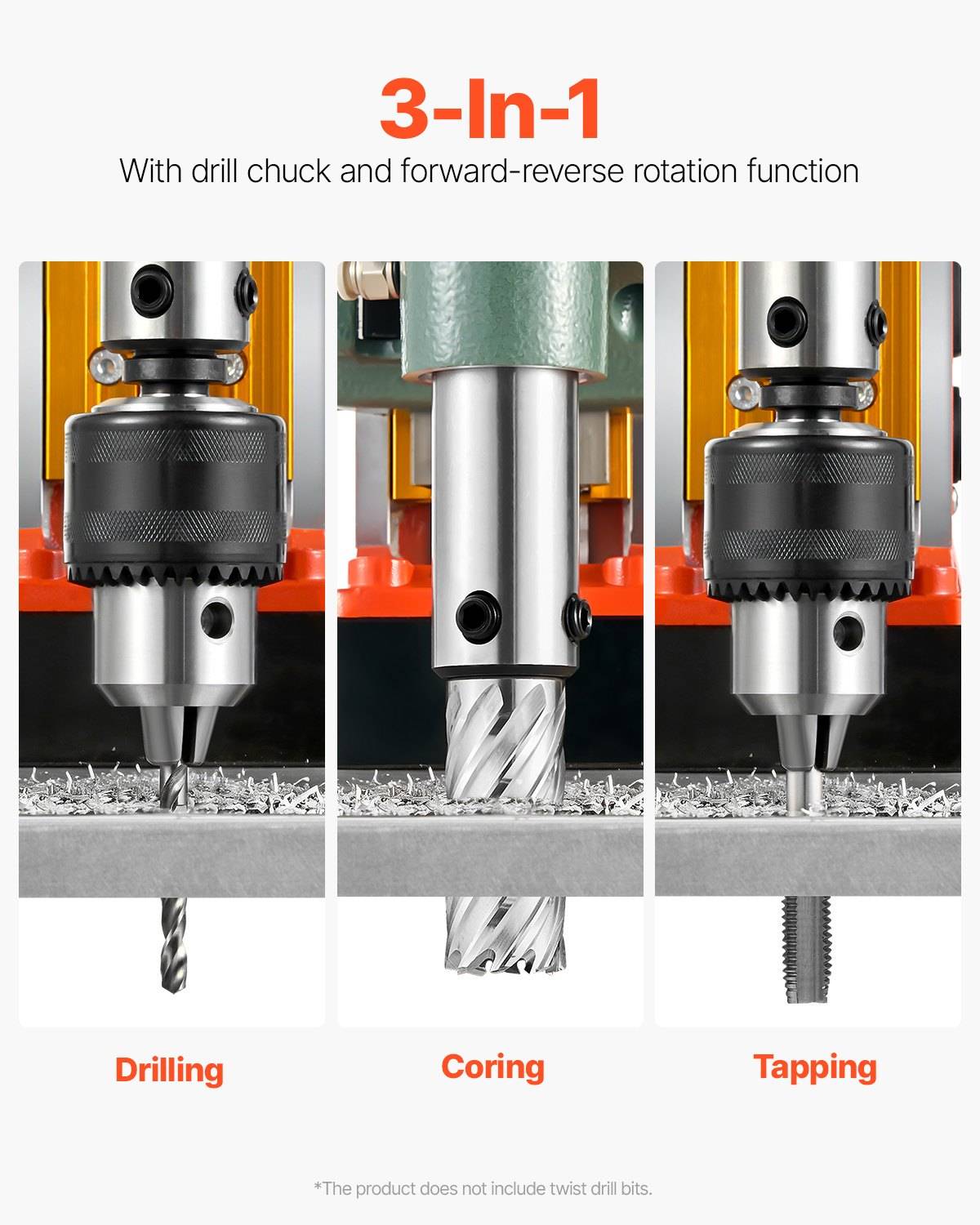 3-in-1 Bohrmaschine mit Bohr-, Kern- und Gewindeschneidfunktionen mit Bohrfutter und Vorwärts-Rückwärts-Rotation; das Etikett sagt „3-In-1".