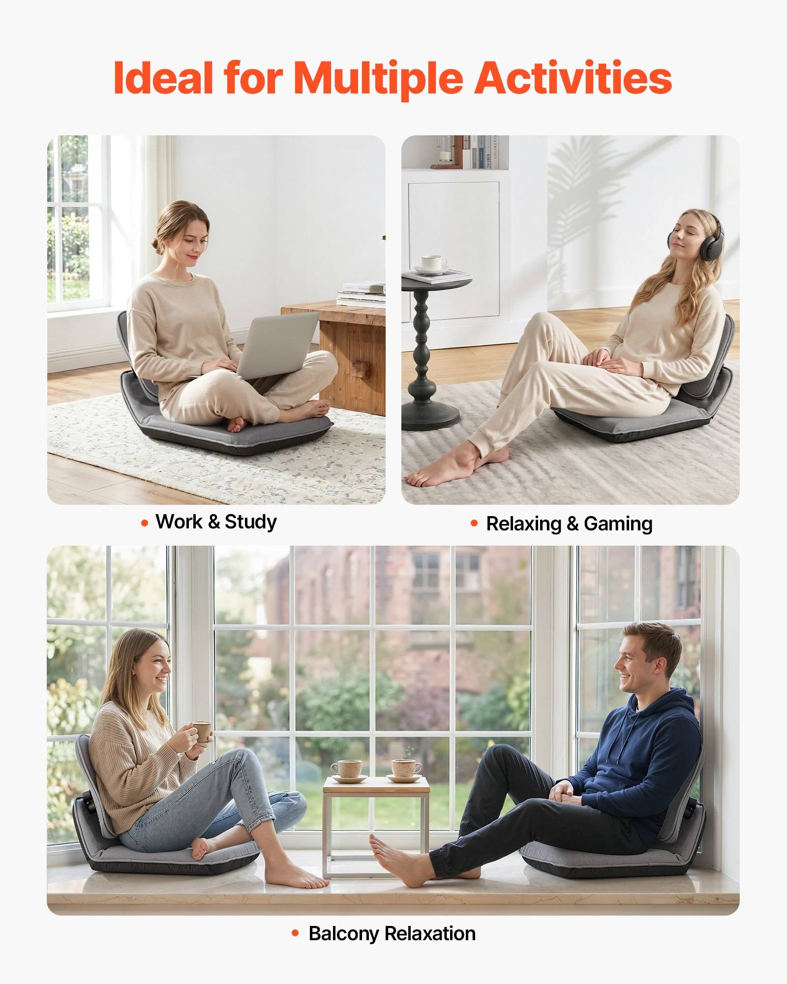 Promotionsbild mit dem Titel „Ideal für vielfältige Aktivitäten", das einen gepolsterten Bodensessel zeigt, der zum Arbeiten und Lernen, Entspannen und Gaming sowie zur Entspannung auf dem Balkon verwendet wird.