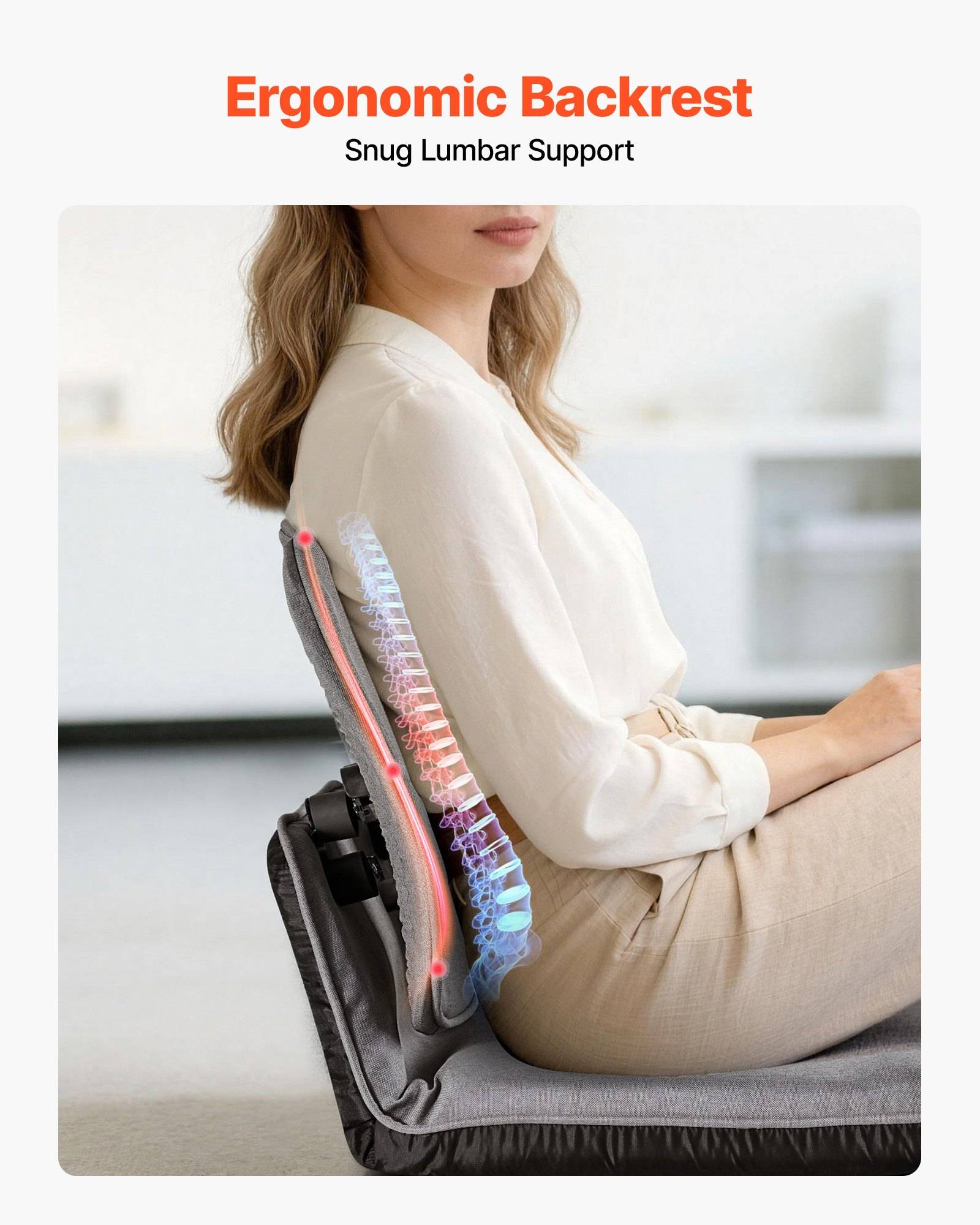 Frau, die auf einem Stuhl mit ergonomischer Rückenlehne sitzt, die ihre Wirbelsäule und ihren unteren Rücken mit Lendenwirbelstütze unterstützt.