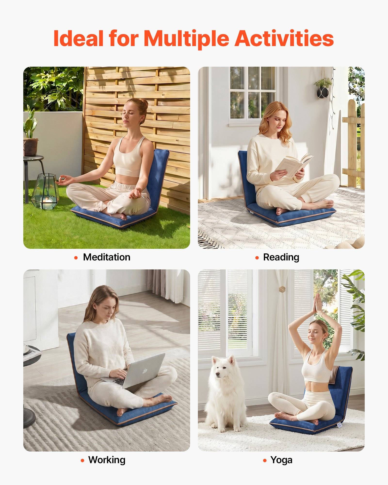 Werbekollage mit dem Titel „Ideal für verschiedene Aktivitäten" zeigt ein Kissen, das zum Meditieren, Lesen, Arbeiten am Laptop und zum Yoga verwendet wird.
