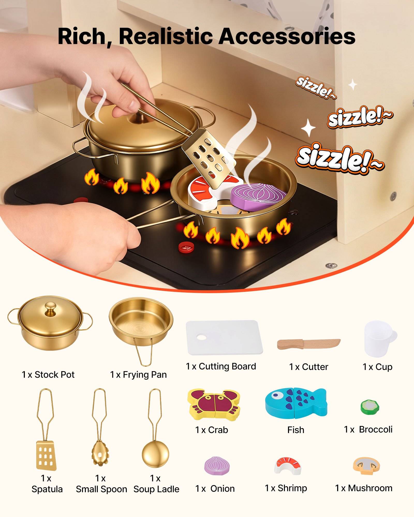 Spielzeug-Kinderküche mit Händen, die mit einem Topf und einer Pfanne auf einer Kochplatte kochen, mit umfangreichen Zubehörteilen, die unten aufgelistet sind: Topf, Pfanne, Schneidebrett, Messer, Tasse, Spatel, Löffel, Schöpfkelle, Krabbe, Fisch, Brokkoli, Zwiebel, Garnele, Pilz.