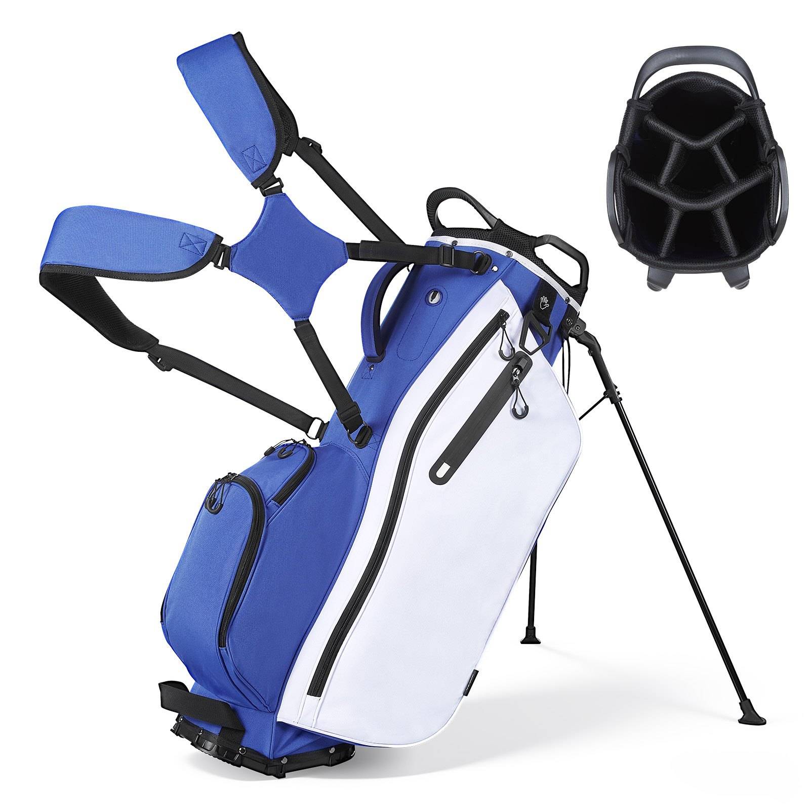 Blau-weiße Golf-Standbag mit mehreren Taschen, doppelten Schultergurten und ausgeklappten Beinen; schwarze Draufsicht zeigt die Schlägeröffnung.