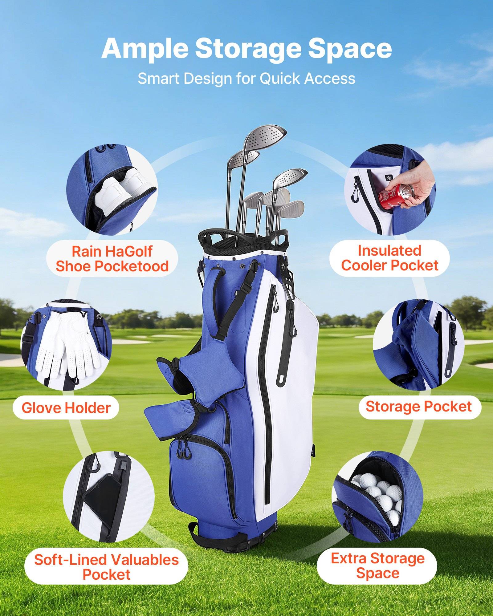 Infografik zu Golftaschen-Lagerfunktionen mit mehreren Taschen und Fächern, darunter Schuhfach, isoliertes Kühlerfach, Handschuhhalter, Wertsachenfach und zusätzlicher Stauraum.
