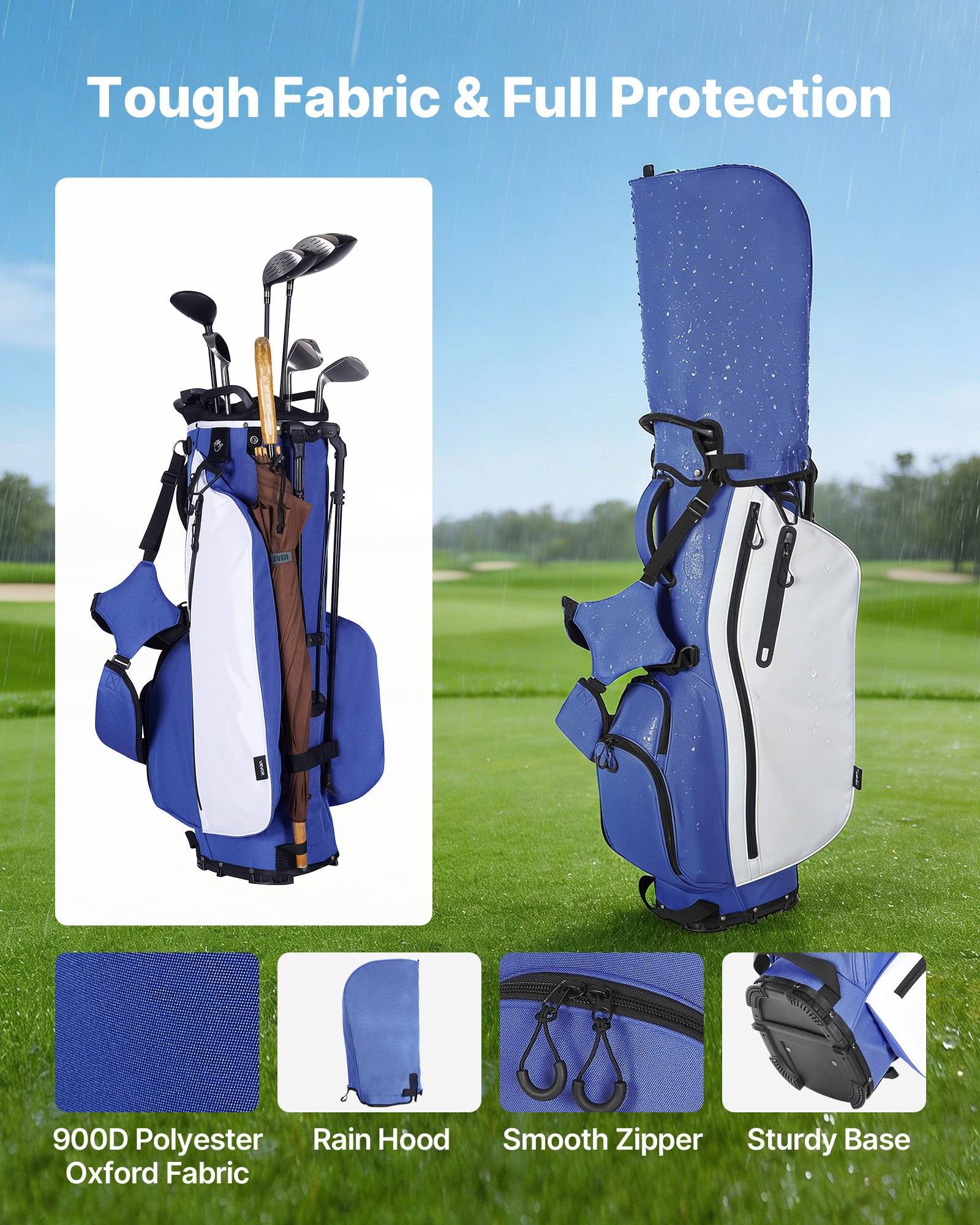 Golftasche mit Regenschutz und mehreren Taschen, von vorne und hinten gezeigt, gekennzeichnet mit "Robustes Material & Vollständiger Schutz"" und ""900D Polyester Oxford-Gewebe"", ""Regenschutz"", ""Sanfter Reißverschluss"", ""Robuste Basis"".