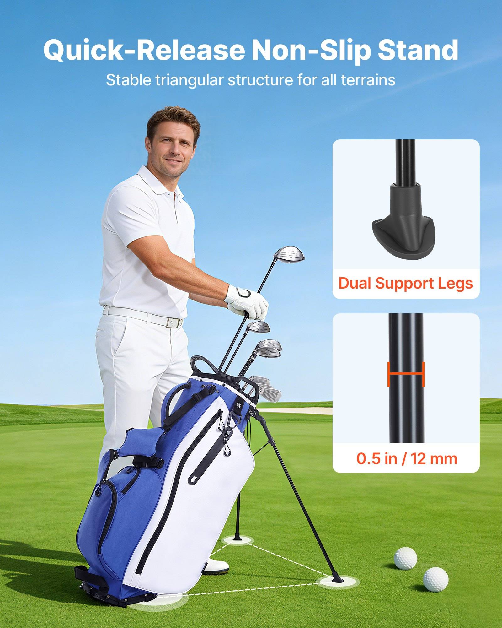 Golfer in Weiß mit blauer Golftasche auf einem Schnellverschluss-Rutschfester Ständer; eingeblendete Beschriftungen zeigen duale Stützbeinen und 0,5 Zoll/12 mm Breite.