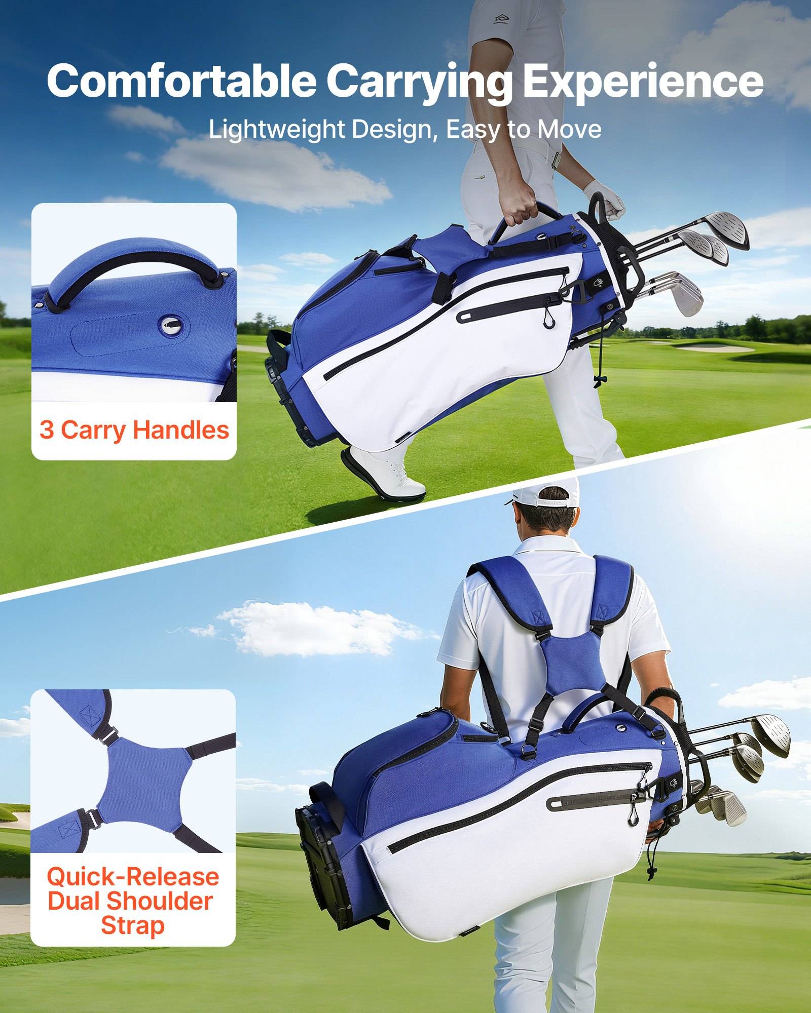 Werbebild einer blau-weißen Golftasche, die auf einem Golfplatz getragen wird und ein komfortables Tragekomfort-Erlebnis, leichtes Design, drei Triffgriffe und schnell zu lösende doppelte Schultergurte hervorhebt.