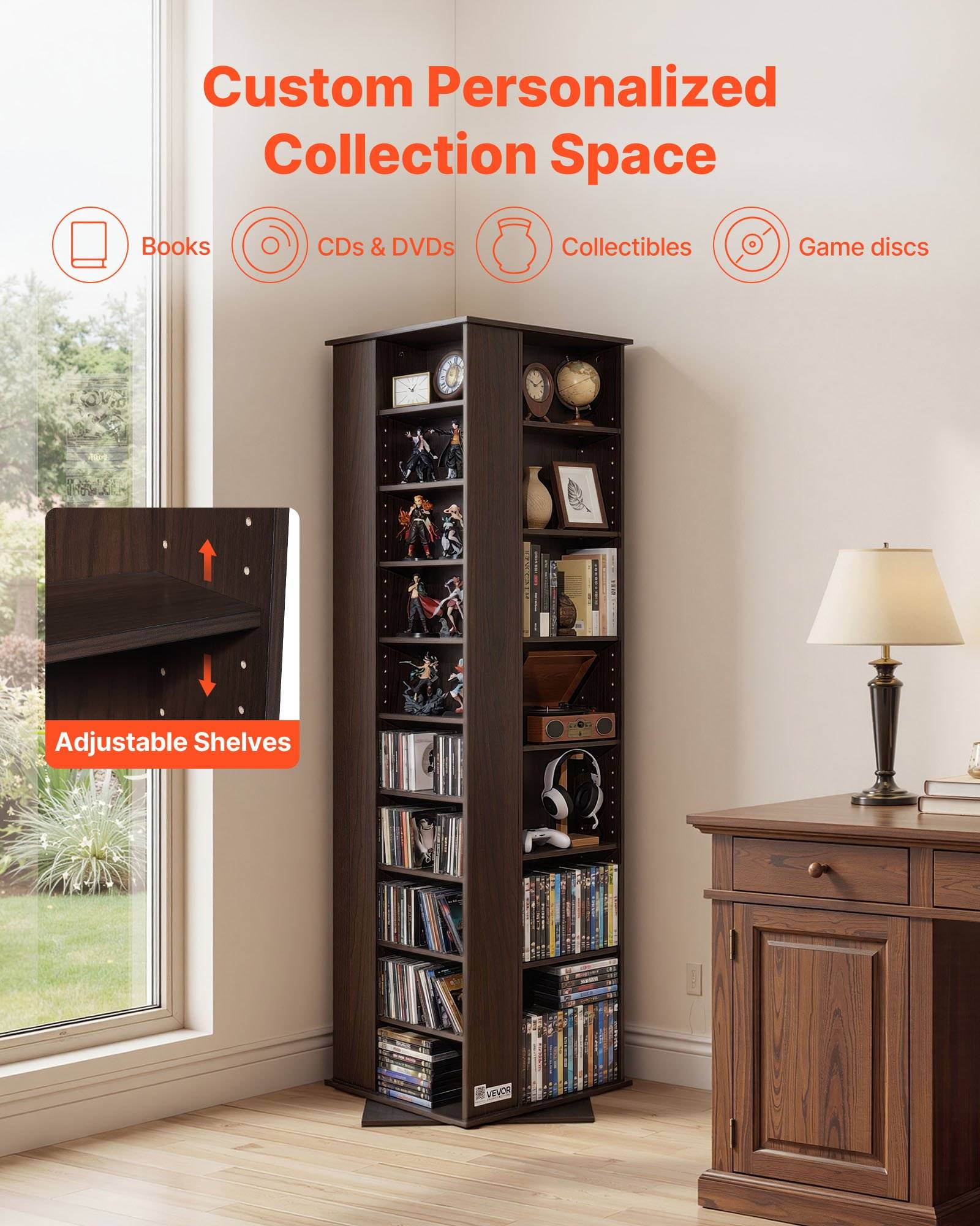 Werbebild eines hohen dunkelbraun färbigen rotierenden Lagerturms in einem Raum, gekennzeichnet mit „Custom Personalized Collection Space" (Individueller personalisierter Sammlungsraum) für Bücher, CDs/DVDs, Sammelobjekte und Spielscheiben, mit verstellbaren Regalen.