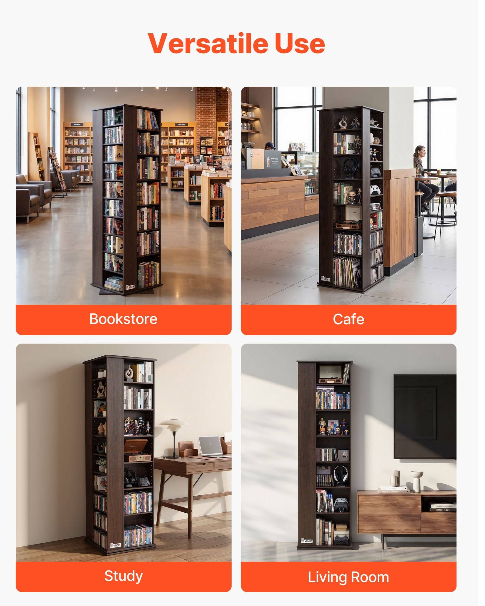 „Vielseitige Verwendung" Produktbilder zeigen ein hohes, schmales Bücherregal in einer Buchhandlung, einem Café, einem Arbeitszimmer und einem Wohnzimmer.