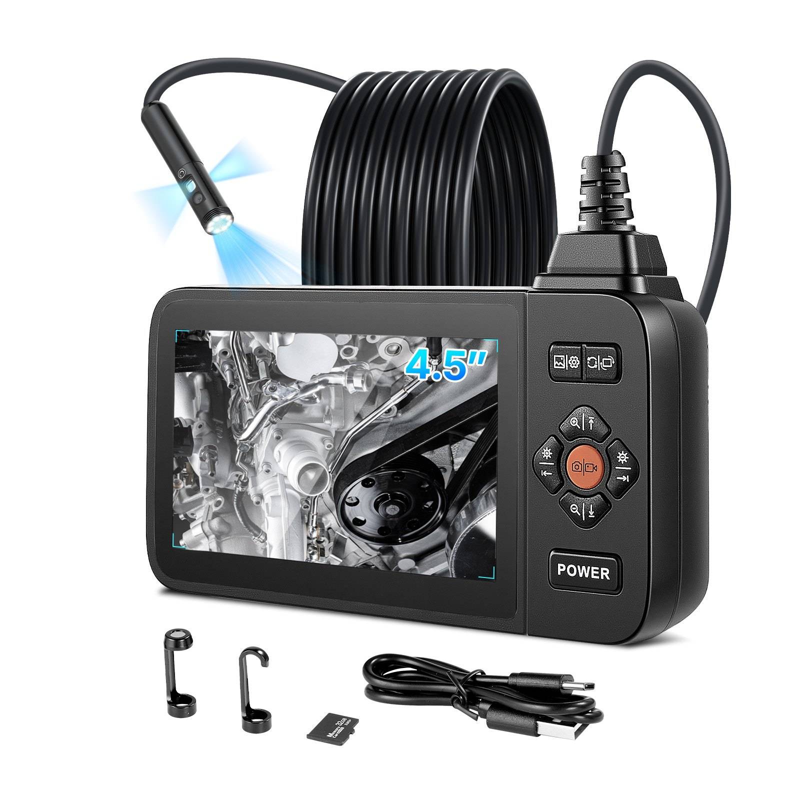 Tragbare 4,5-Zoll-Inspektionskamera mit flexiblem Kabel, LED-beleuchteter Sonde, Display mit Ansicht des Motorinneren und mitgelieferten Haken, Magnet und Ladekabel.