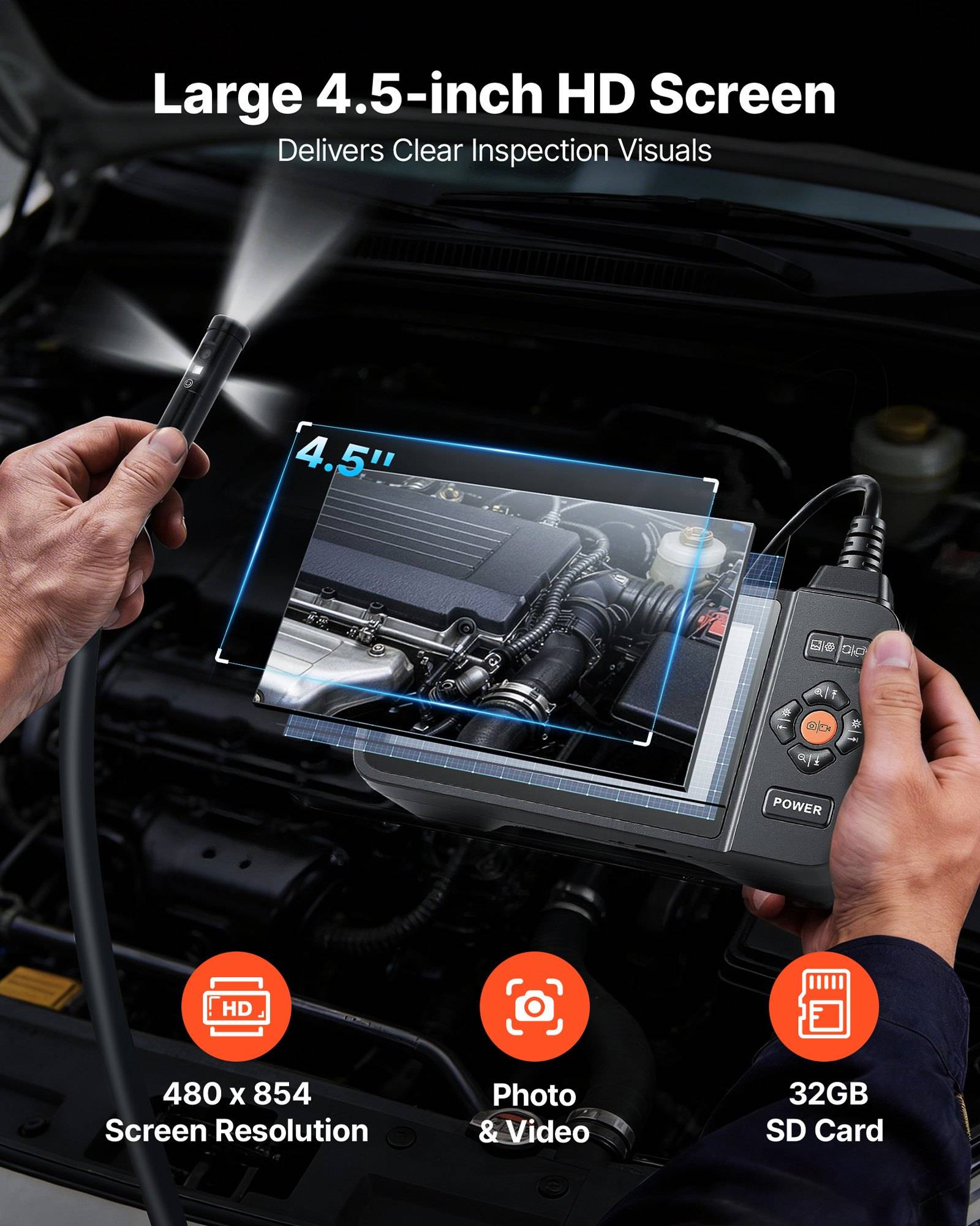 Tragbares Inspektionsskop mit 4,5-Zoll-HD-Bildschirm mit Motorvisualisierung; Text hebt 480 x 854-Auflösung, Foto- und Videofunktion sowie 32-GB-SD-Karte hervor.