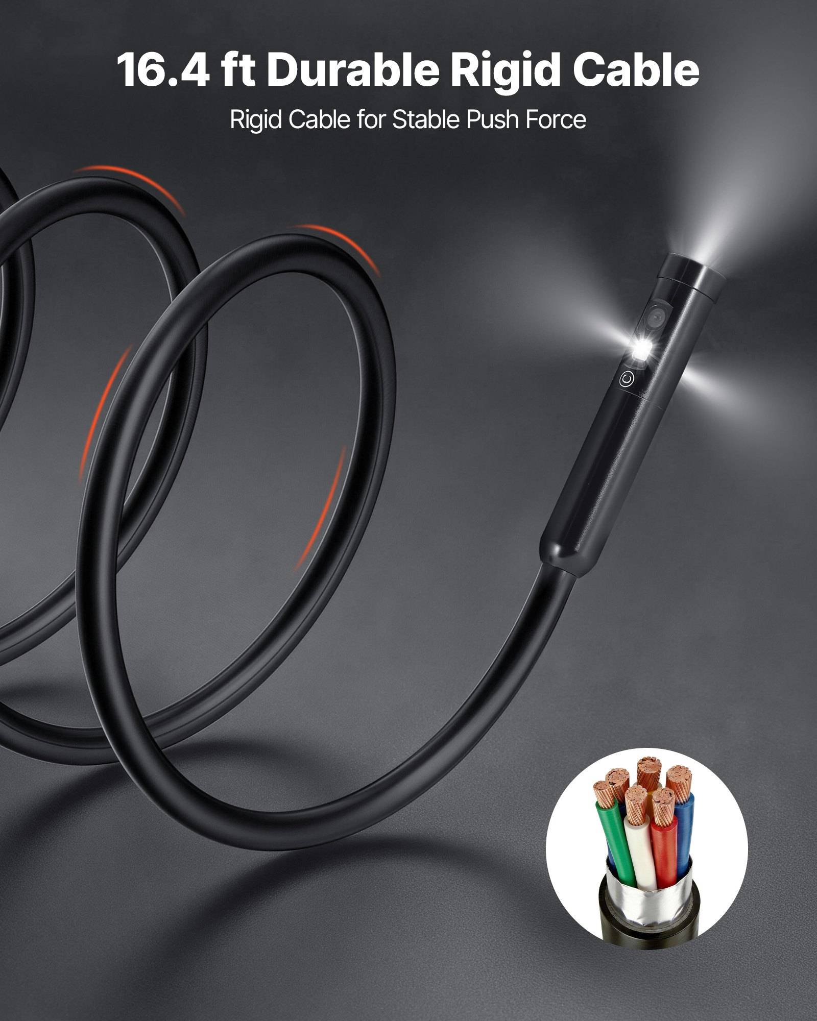 Produktanzeige für ein 5 Meter langes haltbares starres Kabel mit integrierter beleuchteter Spitze, auf dunklem Hintergrund aufgerollt dargestellt, mit dem Text „Starres Kabel für stabile Schubkraft".