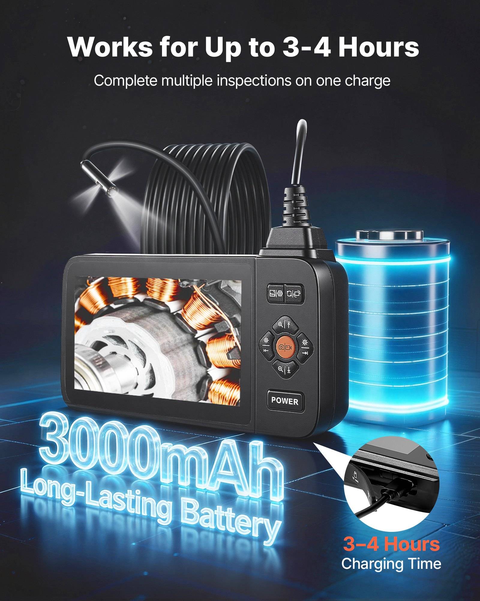 Werbebild einer tragbaren Inspektionskamera mit Bildschirm und Kabel, das zeigt „Funktioniert bis zu 3–4 Stunden", „3000-mAh-Langzeitbatterie"" und „3–4 Stunden Ladezeit"".