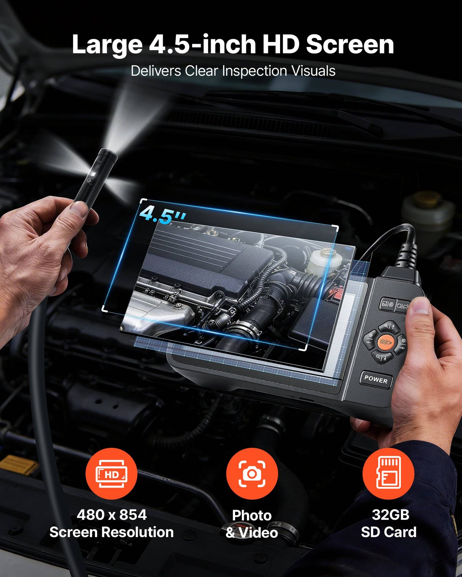 Tragbares Inspektionskameramikroskop mit 4,5-Zoll-HD-Display, zeigt Automotor-Ansicht; mit 480 x 854 Auflösung, Foto- und Videofunktion, 32-GB-SD-Karte.