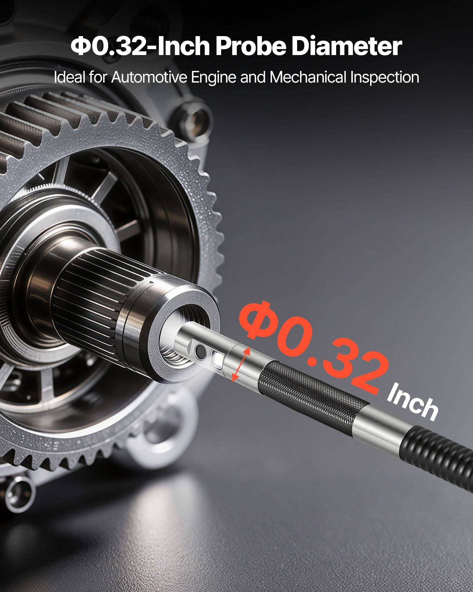 Produktanzeige mit einer mechanischen Inspektionssonde, die in eine Motorgetriebebaugruppe eingeführt wird, mit den Bezeichnungen „Φ0,32-Zoll-Sondendurchmesser" und „Ideal für Automobilmotor- und mechanische Inspektionen"".