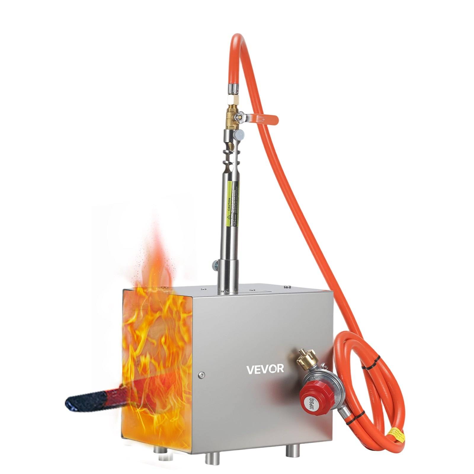 Tragbares VEVOR-Brandbekämpfungssystem mit orangefarbenem Schlauch und Düse auf einer Metallbox montiert, das aktiv Löschmittel auf Flammen an der Seite sprüht.