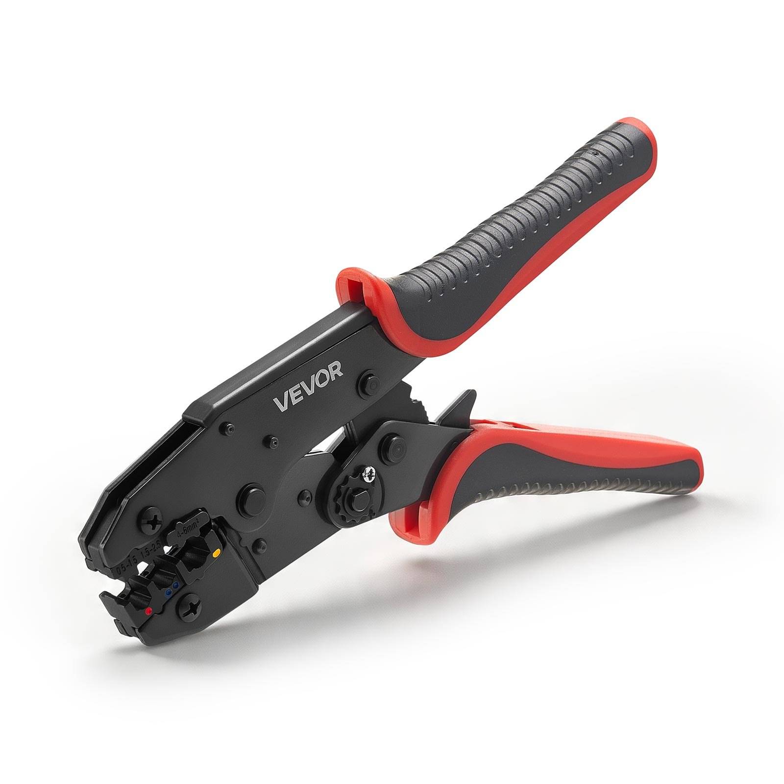 Schwarzes und rotes VEVOR-Drahtcrimpwerkzeug mit ergonomischen Griffen, gezeigt auf weißem Hintergrund.