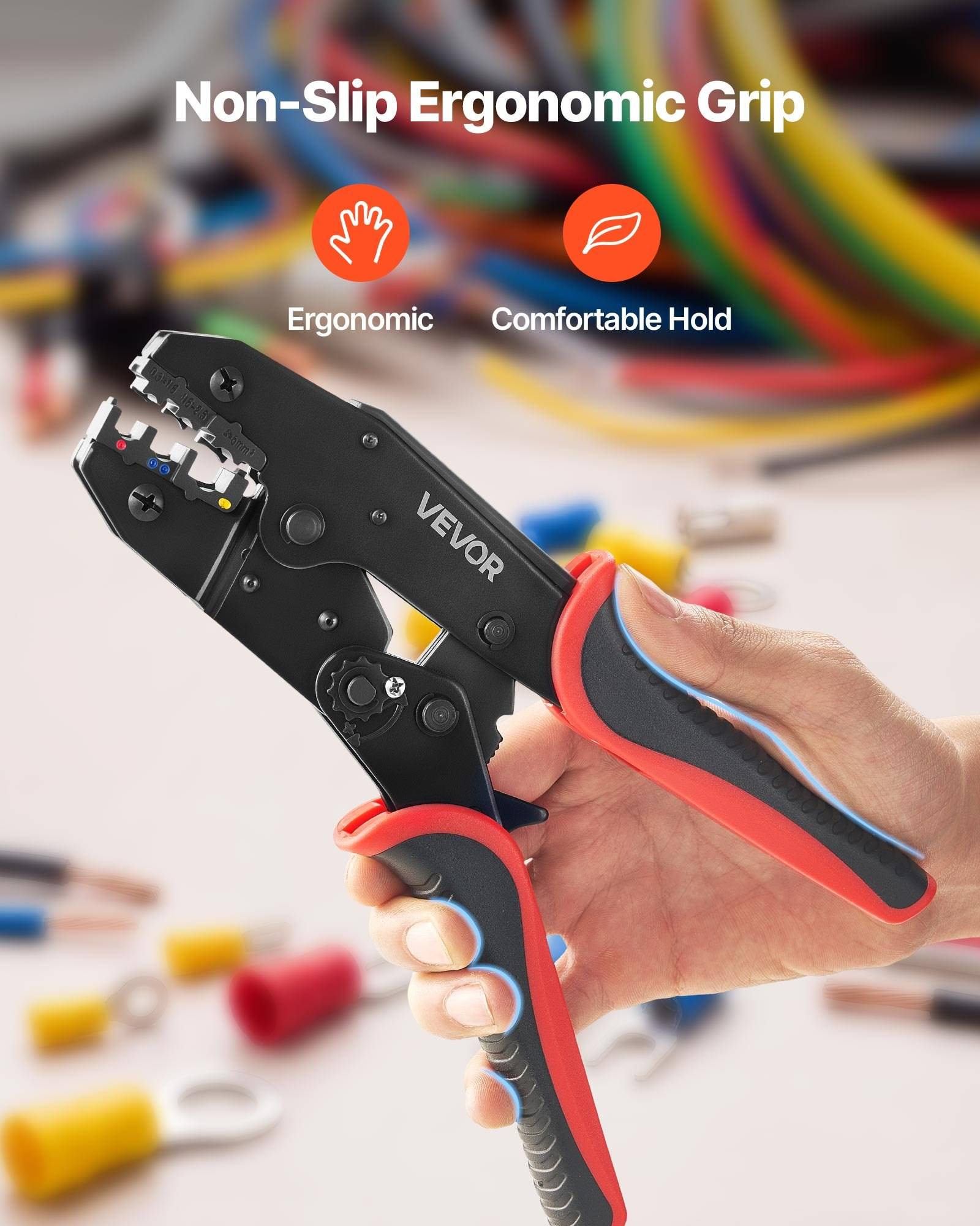 Hand hält eine VEVOR Drahtabzieher/Krimper mit rutschfesten ergonomischen Griffen, beschriftet mit „Ergonomisch" und „Bequemer Halt"".
