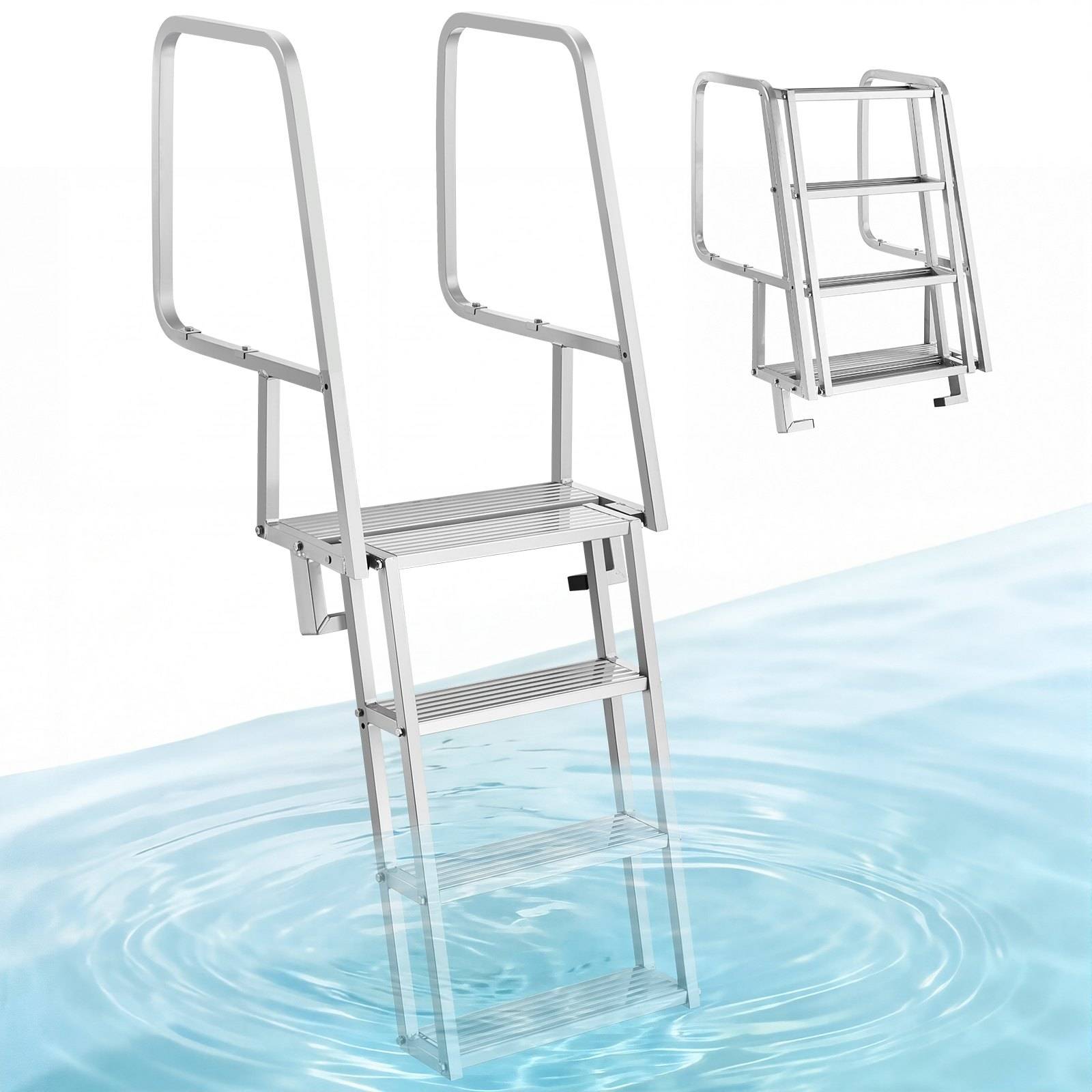 Edelstahlpoolleiter mit zwei Handläufen und Stufen, teilweise ins Wasser eingetaucht gezeigt und neben einer kompakten eingeklappten Ansicht.