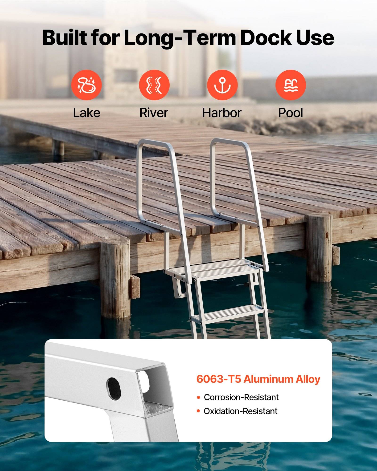 Werbebild einer Dockleiter mit dem Text „Built for Long-Term Dock Use" (Gebaut für langfristige Docknutzung) und Symbolen für See, Fluss, Hafen und Pool; hebt die Eigenschaft „6063-T5 Aluminium-Legierung"" hervor, die korrosions- und oxidationsbeständig ist.