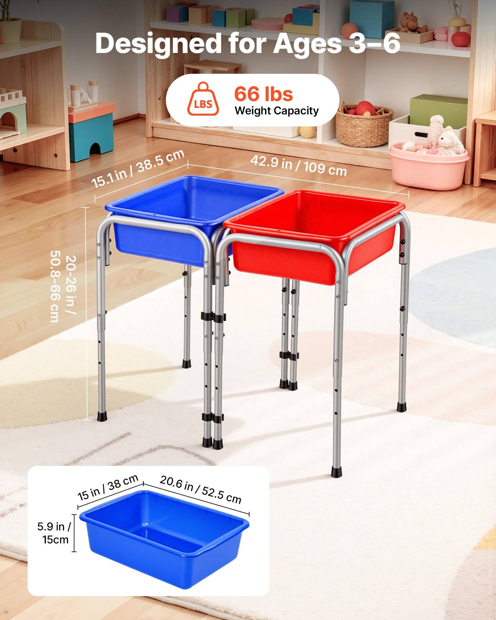 Faltbare Zwillings-Spielwannen für Kinder im Alter von 3–6 Jahren mit einer Tragfähigkeit von 66 lb; jede Wanne ist 15,1 x 15,1 Zoll groß und 20,6 Zoll hoch, abgebildet in Blau und Rot.