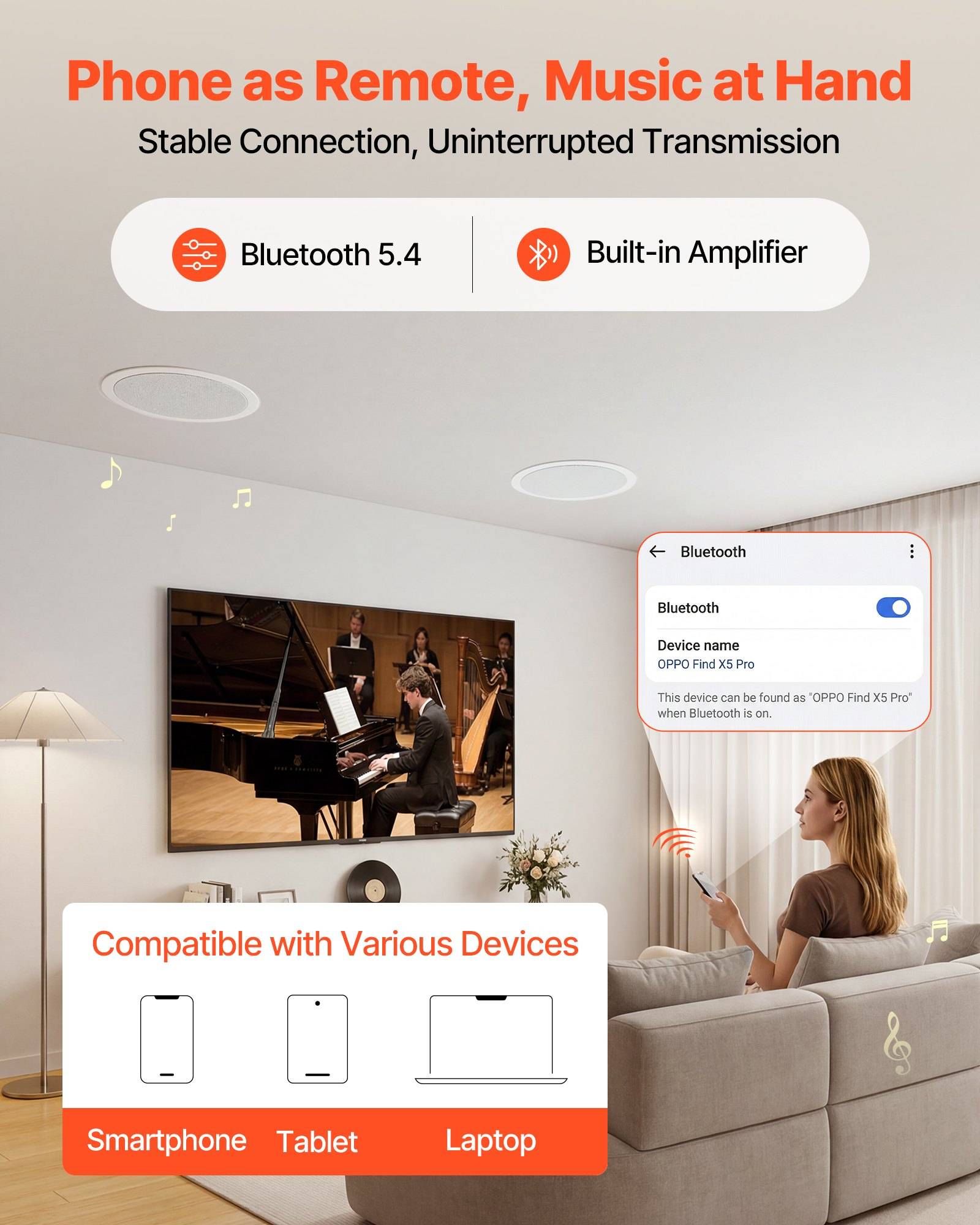 Werbebildmaterial für ein drahtloses Audiogerät, das per Telefon gesteuert wird, mit dem Text „Telefon als Fernbedienung, Musik in Reichweite", Bluetooth 5.4, integrierter Verstärker und Kompatibilität mit Smartphone, Tablet und Laptop.