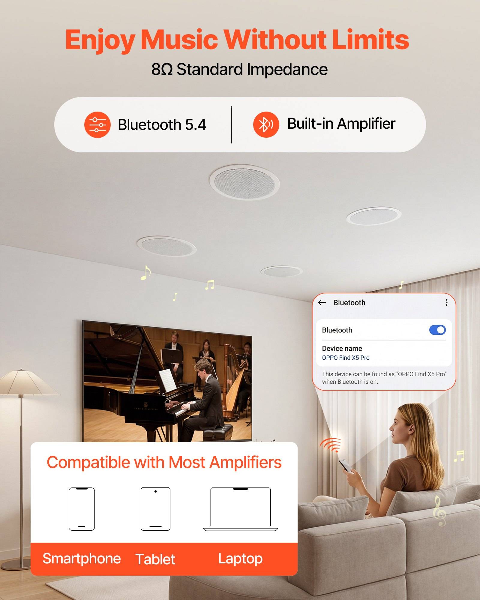 Werbebild für Bluetooth-Lautsprecher: „Musikgenuss ohne Grenzen" mit 8Ω Standardimpedanz, Bluetooth 5.4, eingebautem Verstärker und Kompatibilität mit den meisten Verstärkern, Smartphones, Tablets und Laptops.