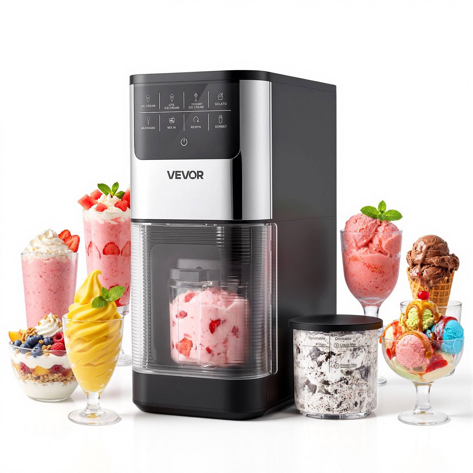 VEVOR Arbeitsplatte Eismaschine mit transparenter Gefrierschale, gezeigt mit Portionierern und Eisbecher aus verschiedenen Geschmacksrichtungen.