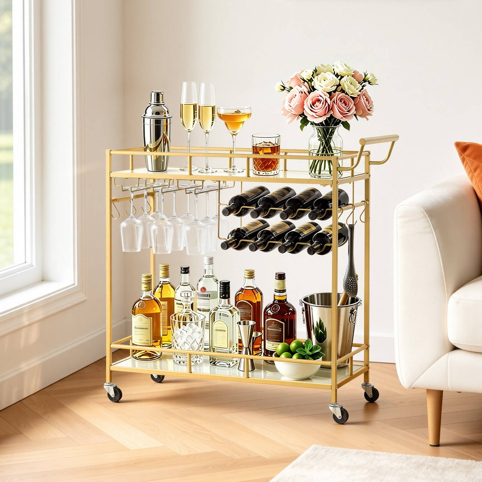 Goldener Barwagen mit Wein, Spirituosen, Gläsern, Cocktailshaker, Blumen und Limetten neben einem Sofa in einem hellen Wohnzimmer.