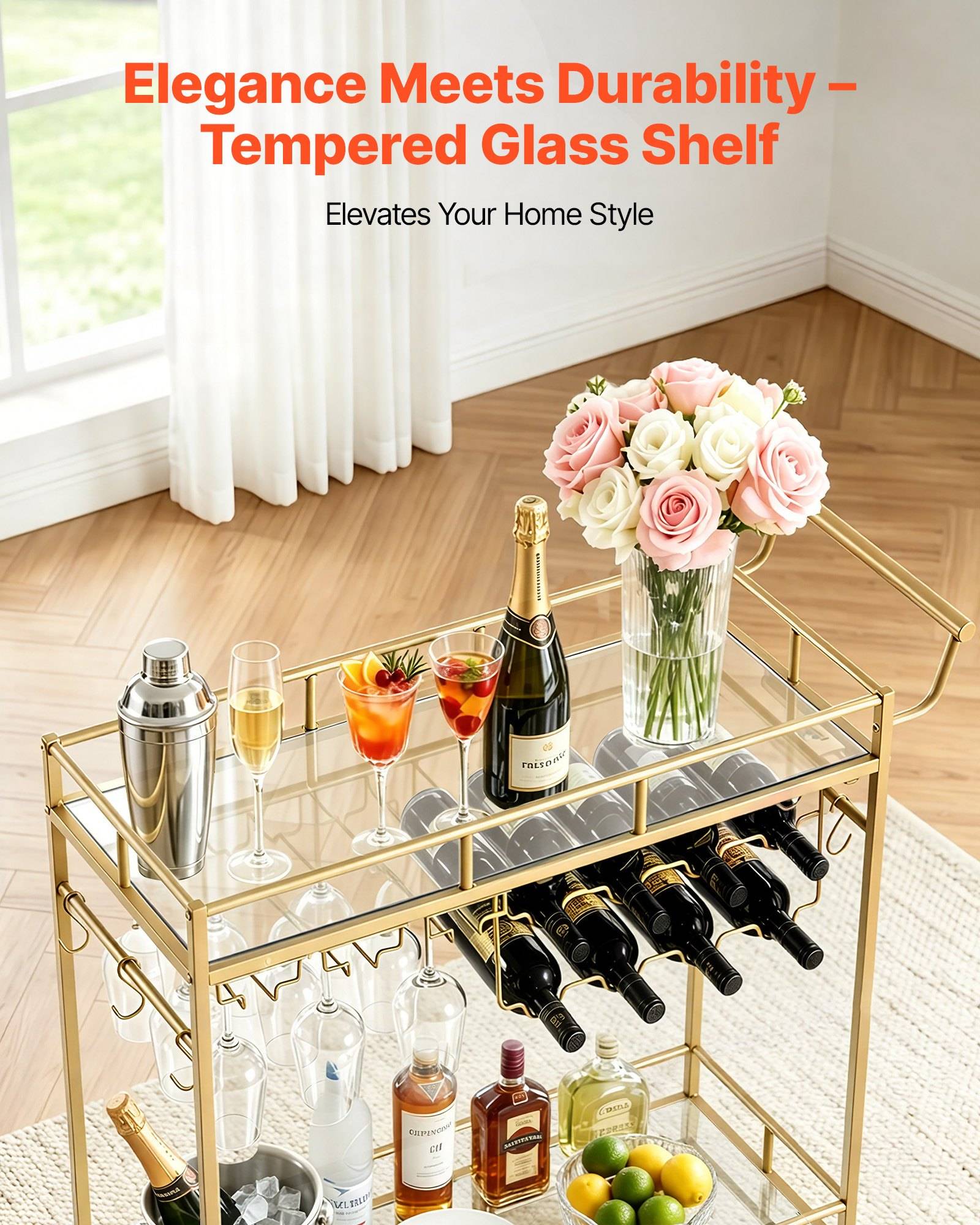 Servierwagen aus gehärtetem Glas mit Goldrahmen, Weinregal, Getränke und Blumen; Text lautet „Eleganz trifft auf Haltbarkeit – Regalboden aus gehärtetem Glas" und „Wertet Ihren Wohnstil auf"