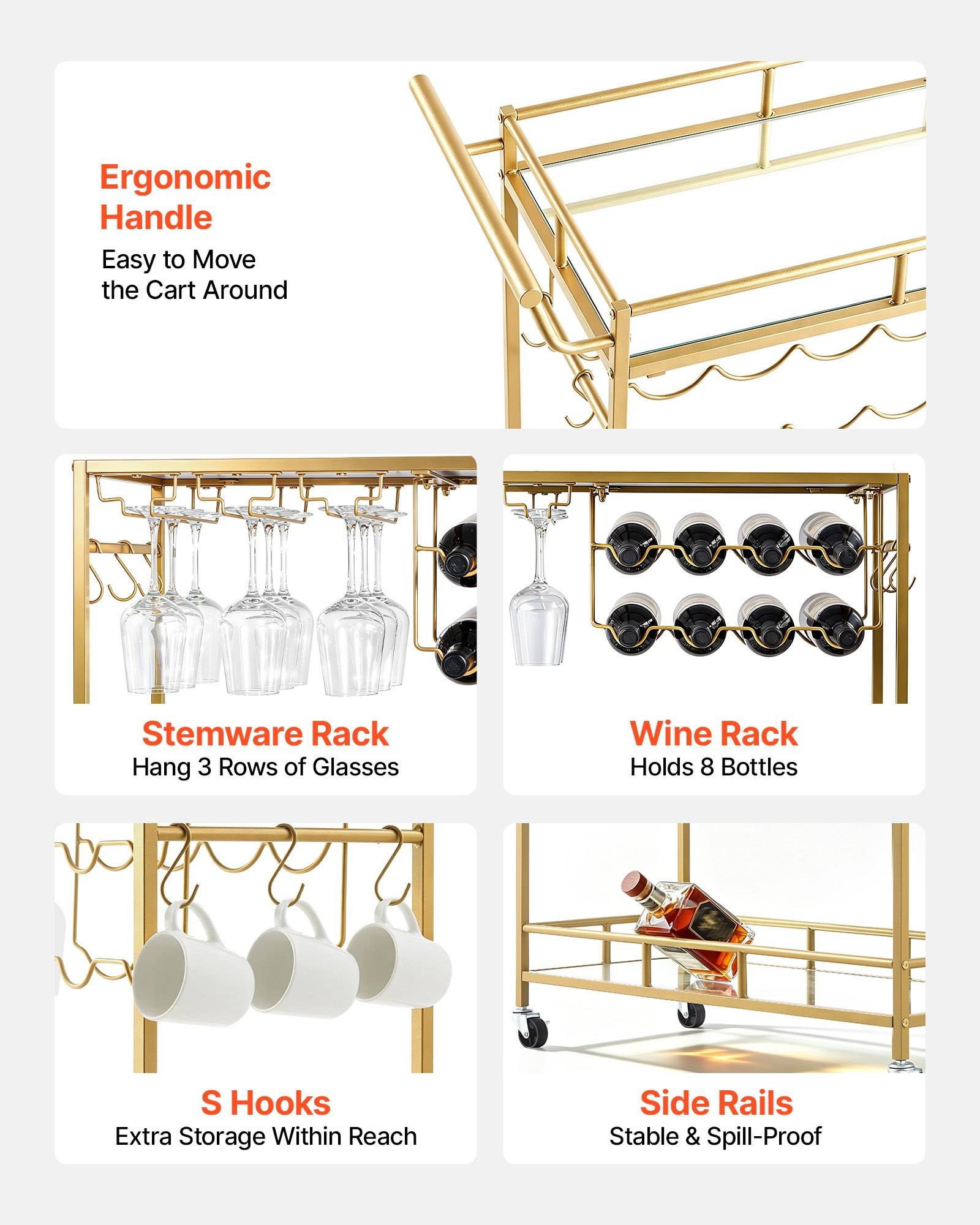 Goldener Servierwagen mit ergonomischem Griff, Weingläserhalter, Weinregal für 8 Flaschen, S-Haken für Tassen und Seitenschienen für sichere Lagerung.